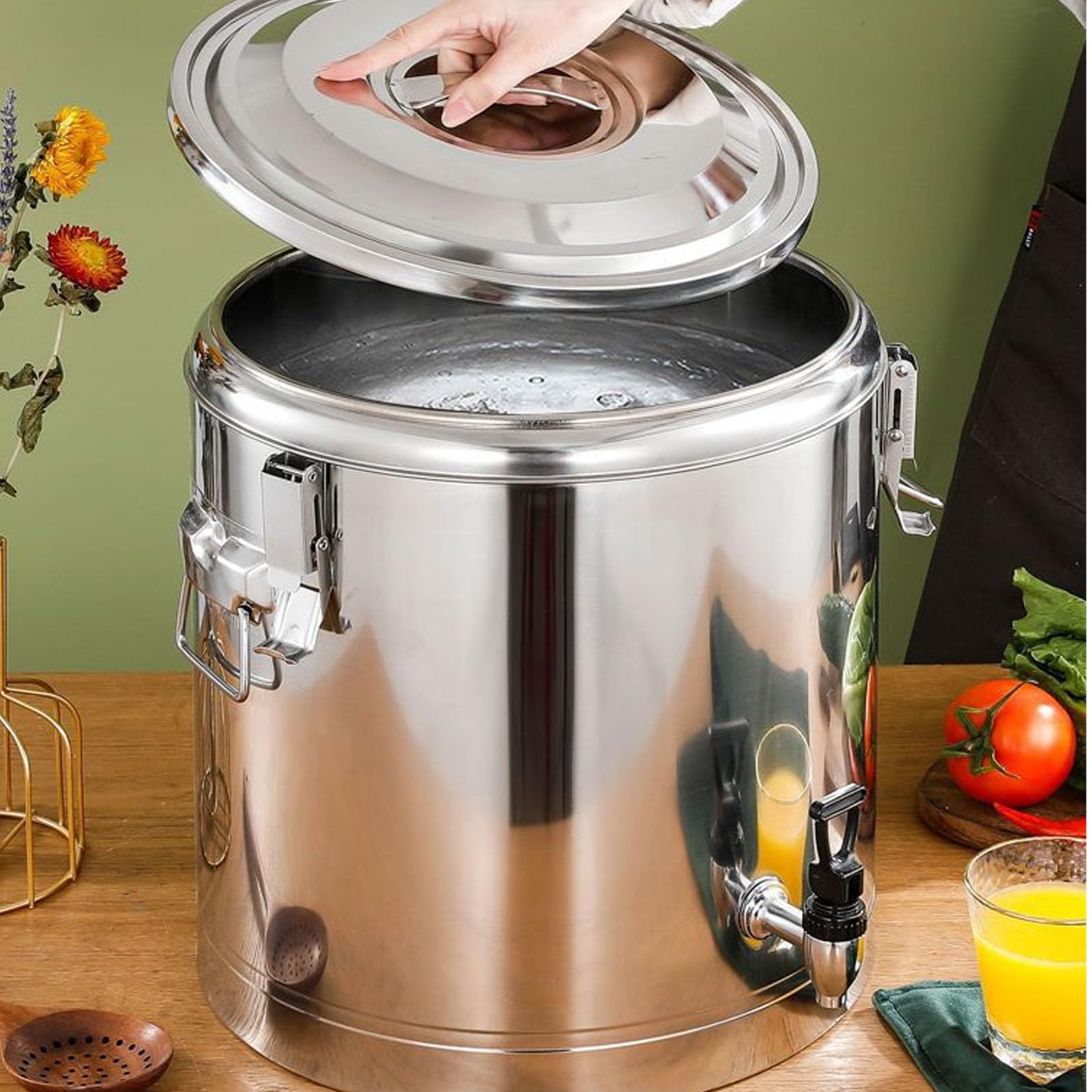 Termo con espiga y tapa, acero inoxidable 304, aislado, dispensador de bebidas de doble capa, para café, leche fría, agua, jugo (tamaño: 80 L, color: con grifo)