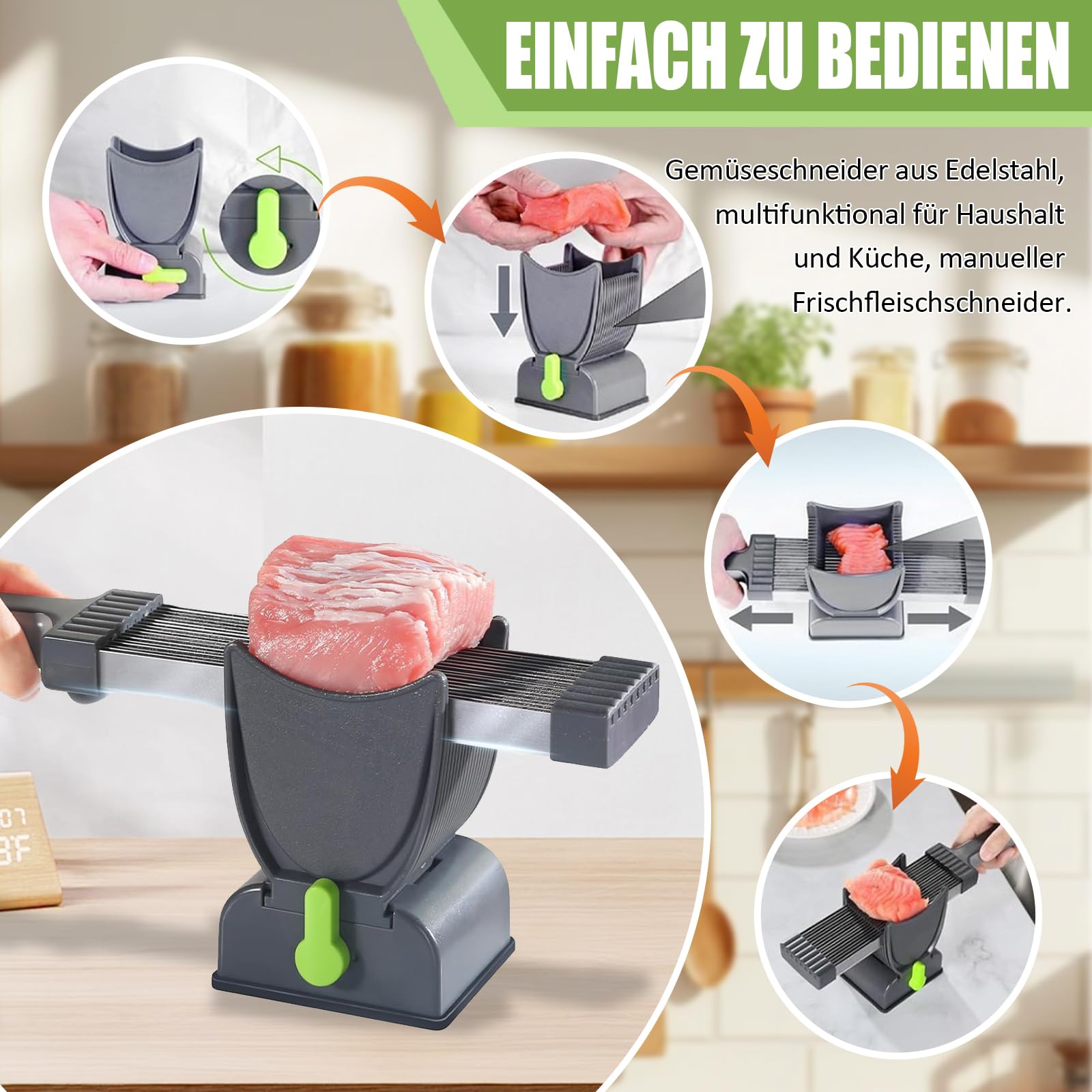 Fleischschneider, Meat Slicer für Frisches Rohes Fleisch, Fleischschneidemaschine Verstellbarer 2/4 mm Dick, Fleisch Schneider mit Messerschärfer, Reinigungsbürste und Haken Geliefert (Dunkelgrau)