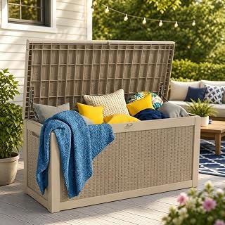 LAUSAINT HOME 320 Gallon Resin Deck Box, Package Delivery Box with Lockable Lid, Waterproof Outdoor Storage Box For Garden Tools, Patio Cushions(320 Gallon,Grayish-tan)