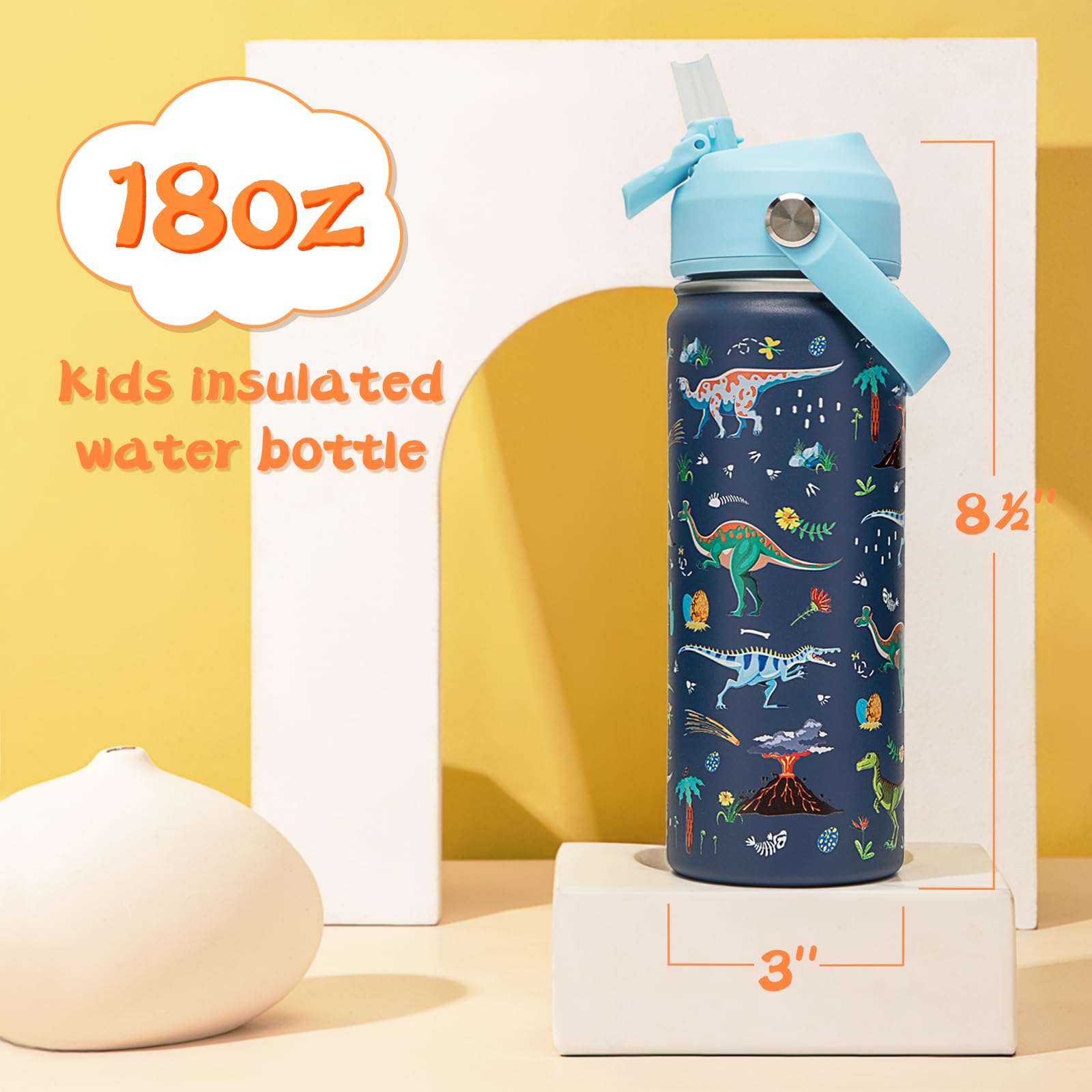 ACESAK Botella de agua aislada para niños de 510.3 g con tapa con pajilla