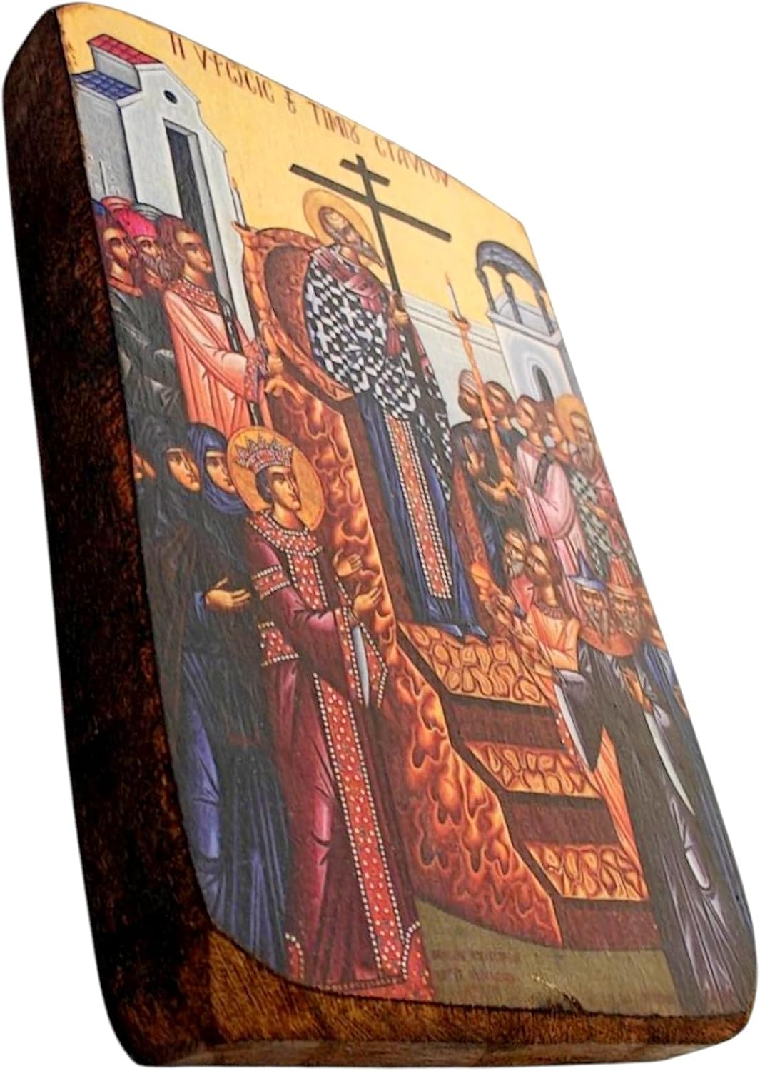 Wooden Greek Christian Orthodox Icon of The Exaltation of the Holy and Life-Bearing Cross – Handmade Religious Wood Icon – 3.5x2.7 in / 9x7 cm / A0