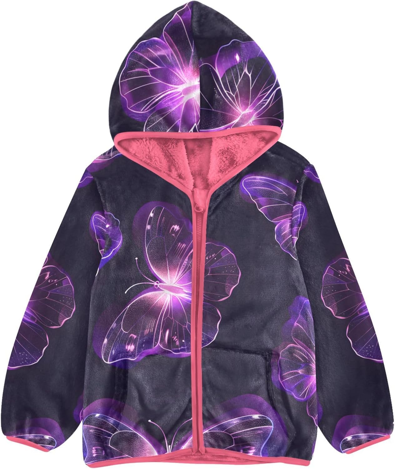 ALAZA Doodle Purple Butterflies Hoodie Jacket for Girls Toddler Fleece Zip Up Coat Plush Jacket for 3 Years