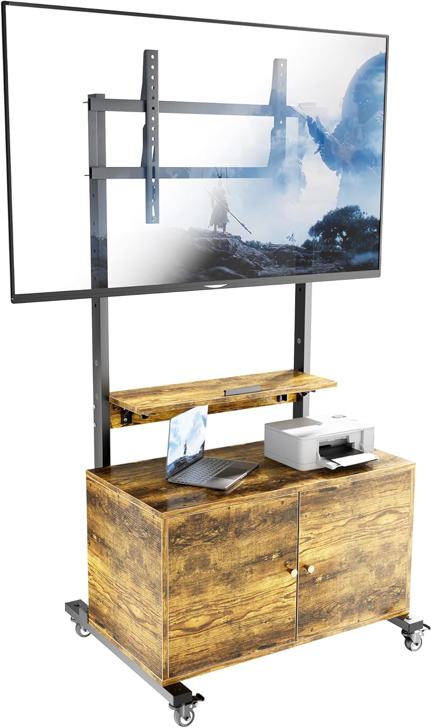 Entertainment Center TV Stand with Storage, Height Adjustable Mobile TV Stand with Lockable Wheels, Rollinig TV Cart for 32-75 Inch TVs up to 150 lbs, Max VESA 600×400mm, Black