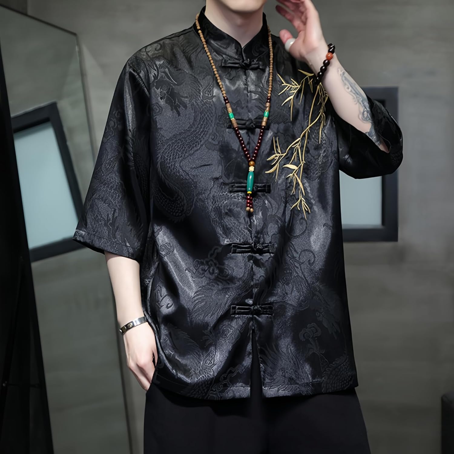 Men's Kung Fu Shirt,Traditional Chinese Hanfu Tang Suit Coat with Silk Printing,Half Sleeve Top for Casual Summer Outfits C-Black
