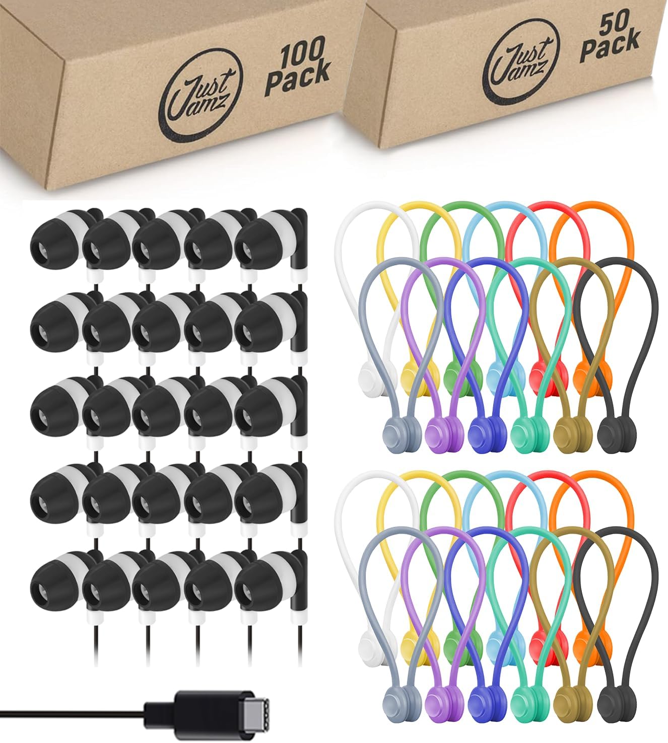 100 Pack USB C Earbuds with 50 Magnetic Cable Ties – Type C Wired Headphones for iPhone 16/15 Pro Max, iPad Pro, Galaxy S23/S22, Chromebook – Black Earbuds with Reusable Assorted Color Magnetic Cord O
