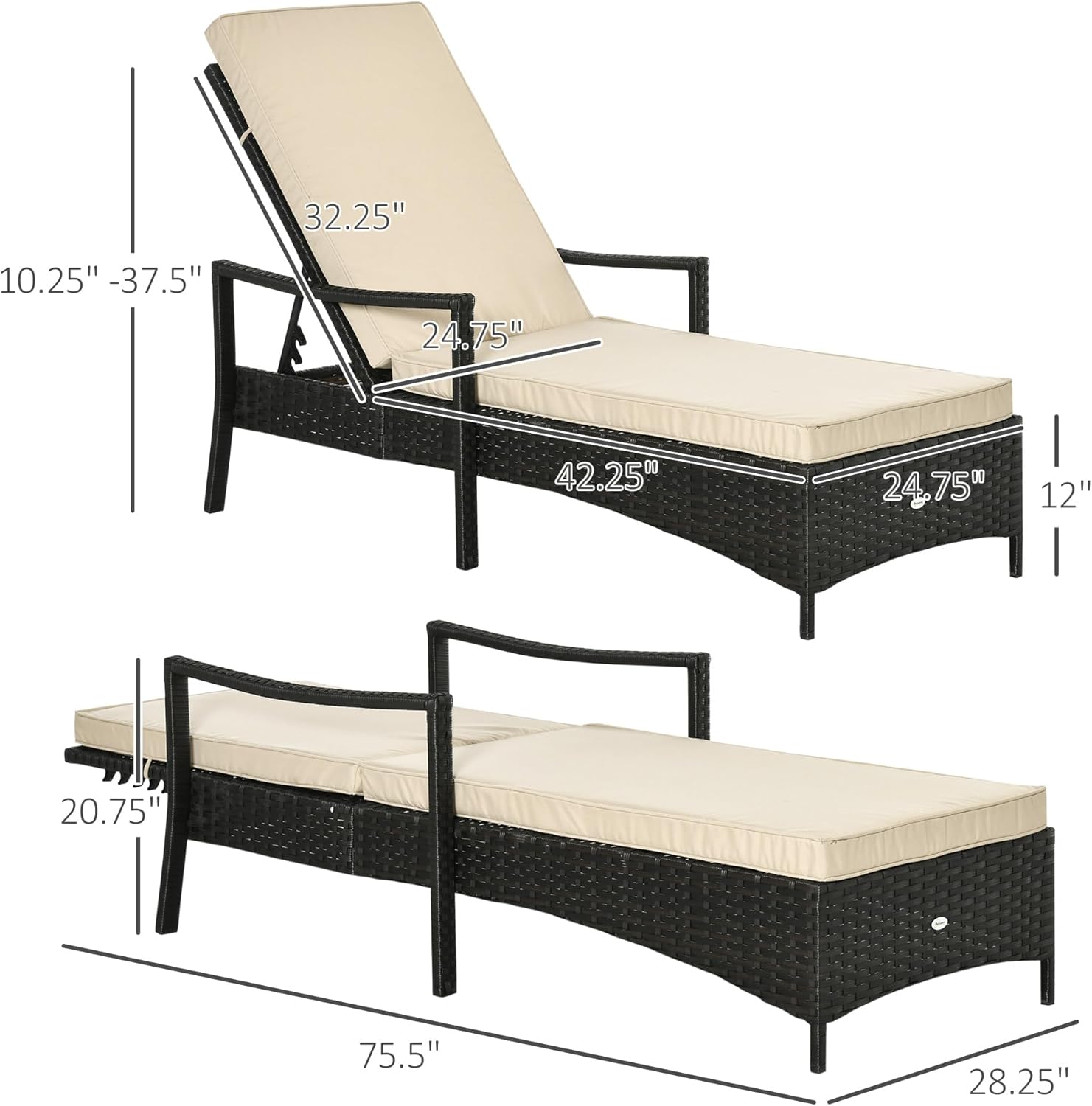 Outsunny Wicker Chaise Lounge, 4 Position Adjustable Backrest and Cushions Outdoor Lounge Chair PE Rattan Sun Lounger for Poolside, Balcony or Garden, Beige
