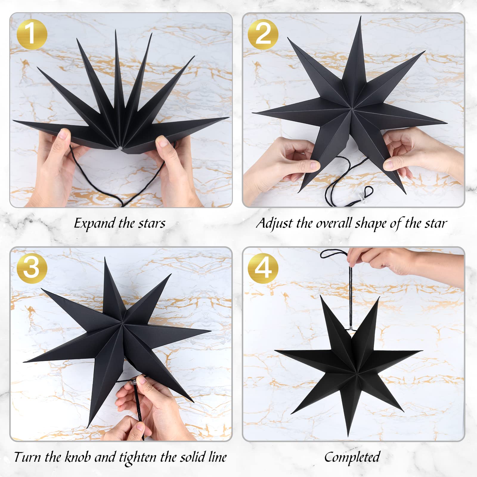 ELECLAND 6 Pcs Christmas Hanging Star Decoration Black 7 Pointed Paper Stars for DIY Winter Wedding Christmas Decorations - Image 4