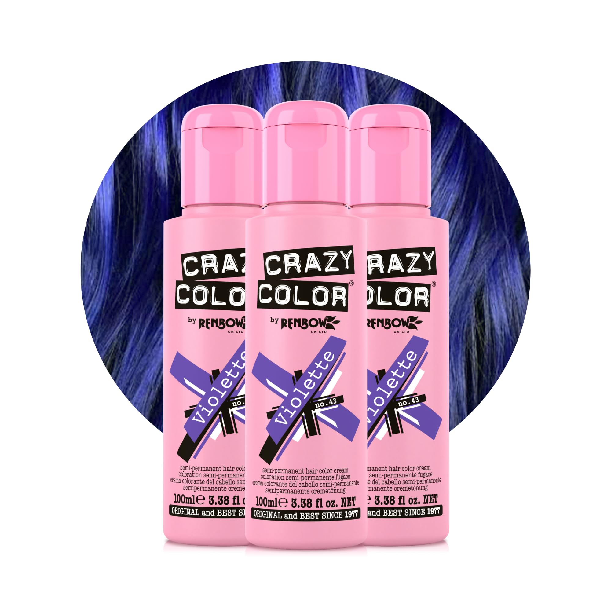 Crazy Color Vibrant Violette Semi-Permanent 3 Pack Trio Hair Dye Highly Pigmented Deep Purple Conditioning & Oil Nourishing Vegan Formula | No Bleach or Ammonia |300ml