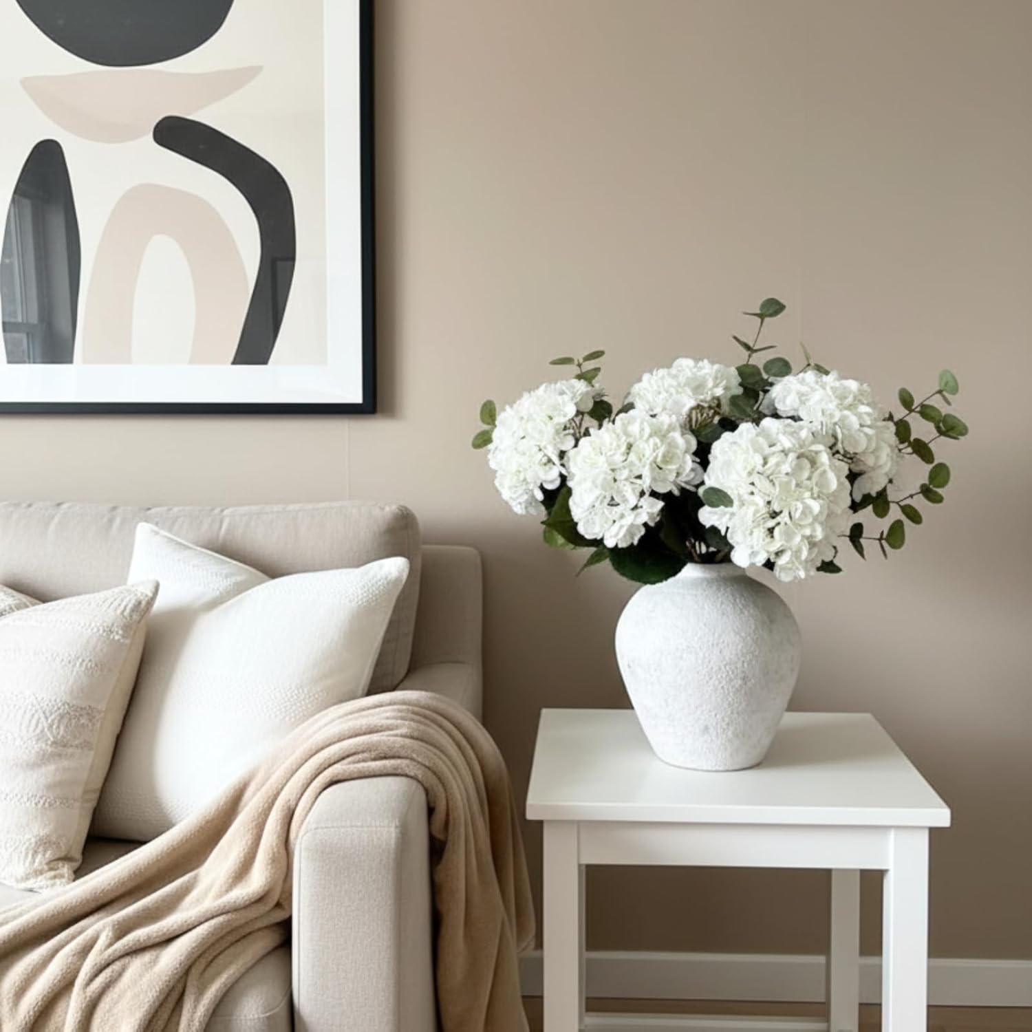 Real Touch White Faux Hydrangea And Eucalyptus Arrangement, Faux Floral Arrangements, Hyper Realistic Artificial Flowers, White Centerpieces For Kitchen Dining Coffee Table Decor, 5 Heads + Greenery - Image 7