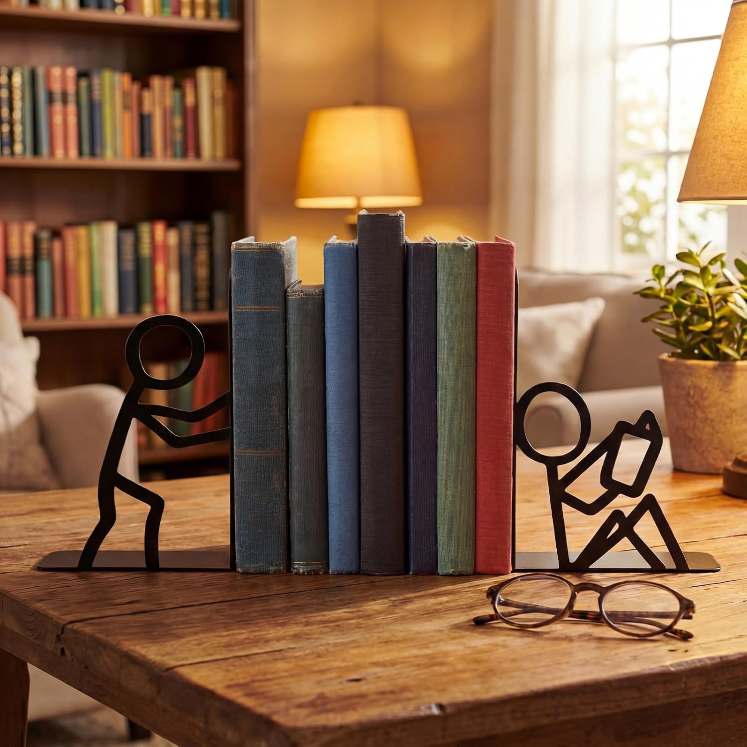 Domensi 4 Pcs Metal Bookends People Bookends Decorative Bookshelf Decor for Book Lovers Gifts Cute Book Ends for Shelves Bookshelf Home Office Desk Reading Decor