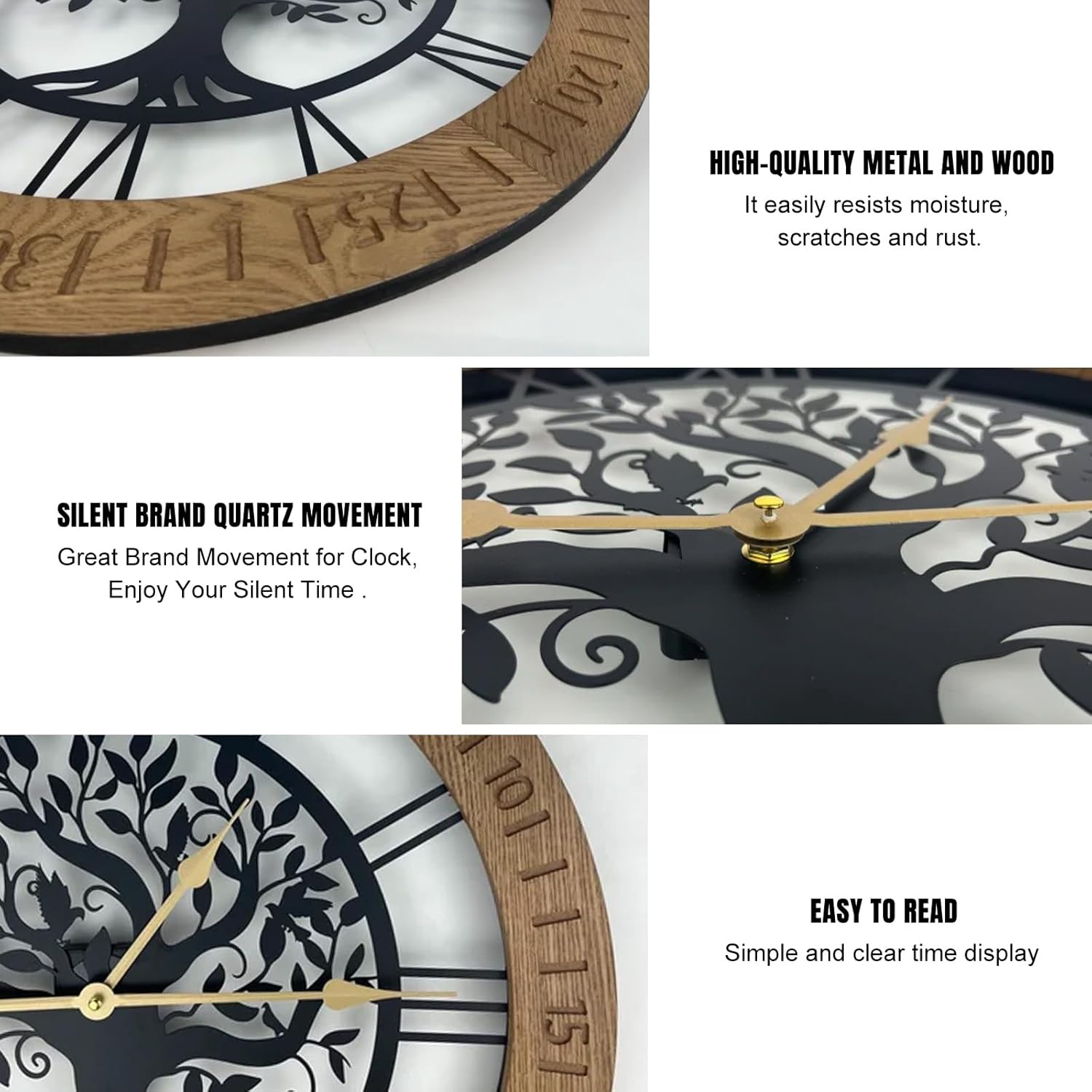 24 Inch Large Wall Clock, Tree of Life Wall Clock, Modern Wood & Metal Decorative Clocks, Quiet Quartz Movement, Moisture and Rust Proof, House Decor for Living Room, Bedroom, Office