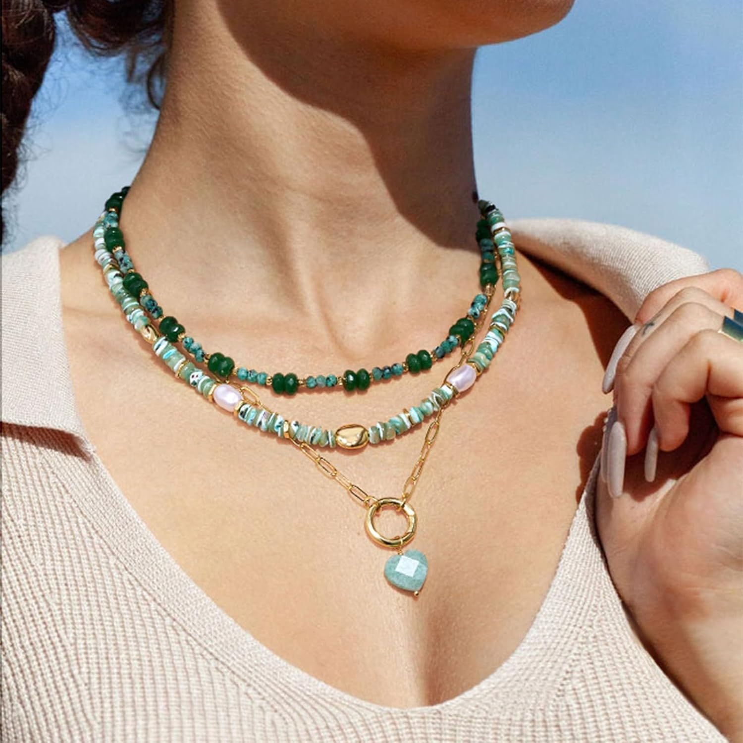 KissYan Beaded Necklaces for Women, Layered Pendant Choker for Summer, Colorful Natural Gemstone Boho Handmade Beach Valentine's Jewelry Gifts For Girlfriend Wife Lover - Image 4
