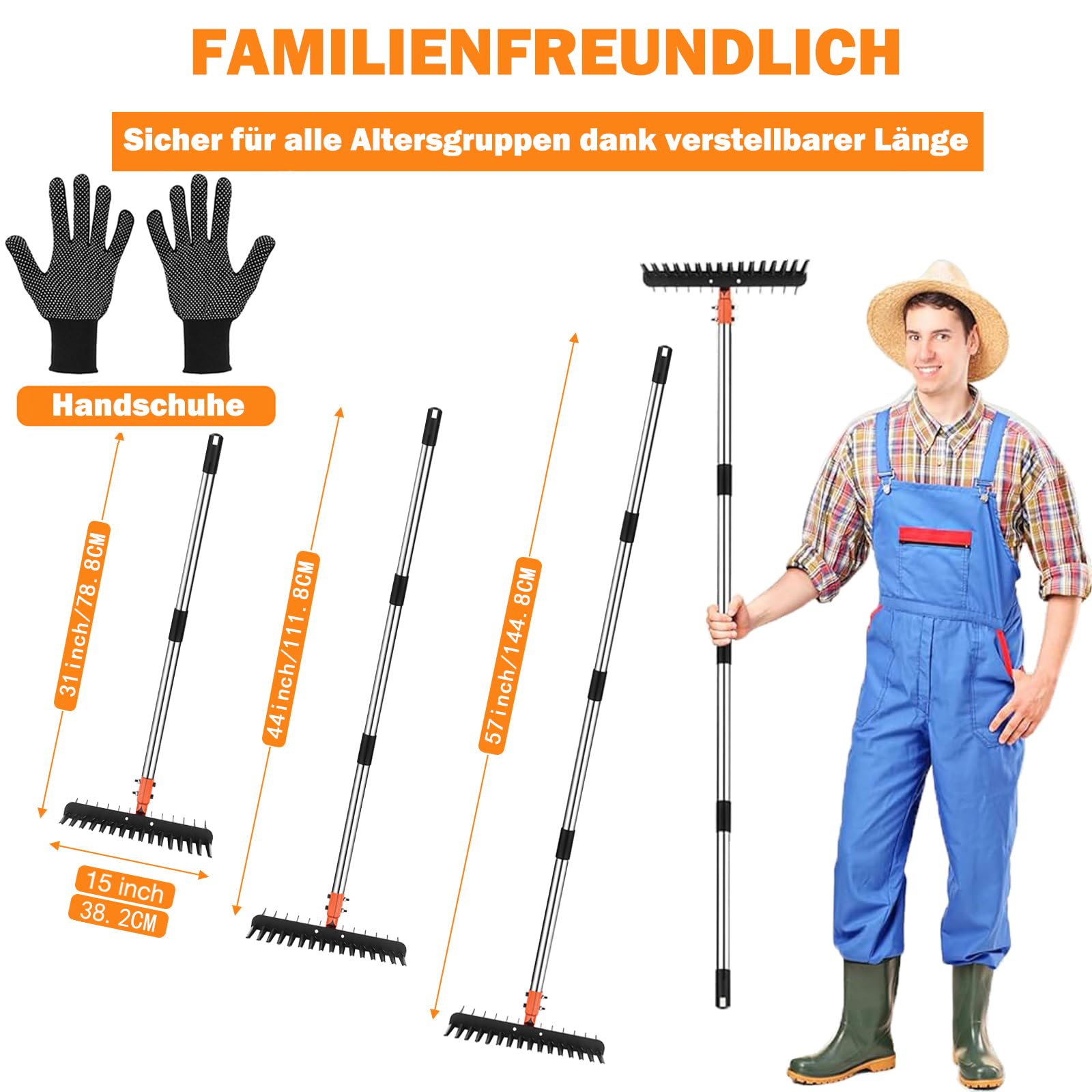 Vertikutierrechen für Rasenflächen – 38 cm breiter Rechen mit Zwei-Seiten-Zinken & 145 cm verstellbarem Stiel, Hochbelastbarer Gartenrechen aus Stahl inkl. Rutschfester Handschuhe