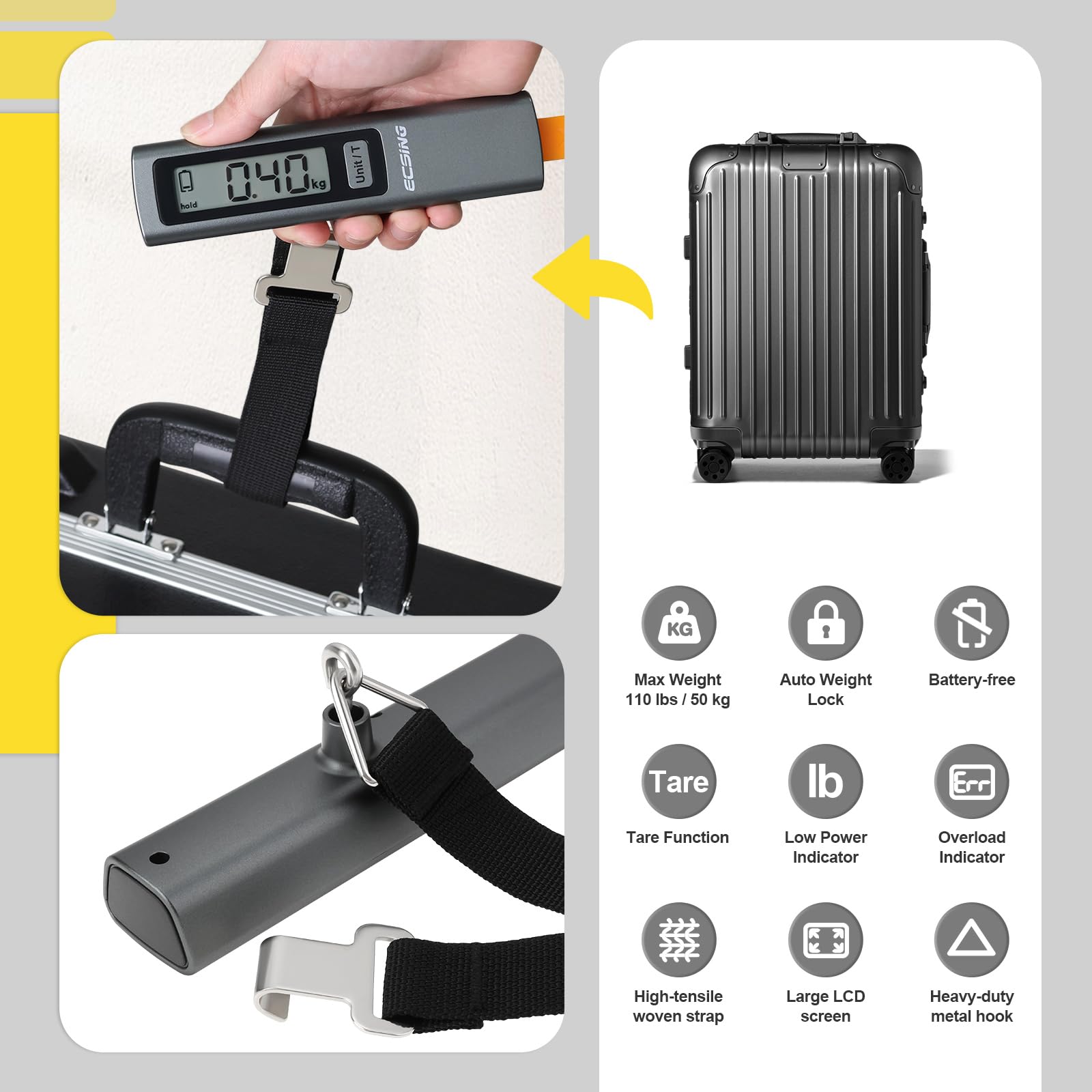ECSiNG Balance à Bagages Portable sans Pile - Écran LCD Numérique Rétroéclairé Pèse-bagages Portable 50 Kg pour Voyage Avion Et Expédition