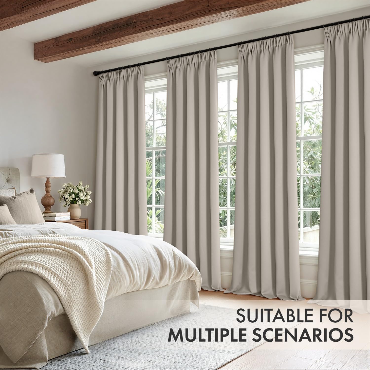 EMEMA Cortinas opacas con cinta fruncidora gris y beige opacas, 260 cm de largo, cortinas térmicas opacas para riel, cortinas para salón o dormitorio, cada uno de alto 260 x ancho 140 cm