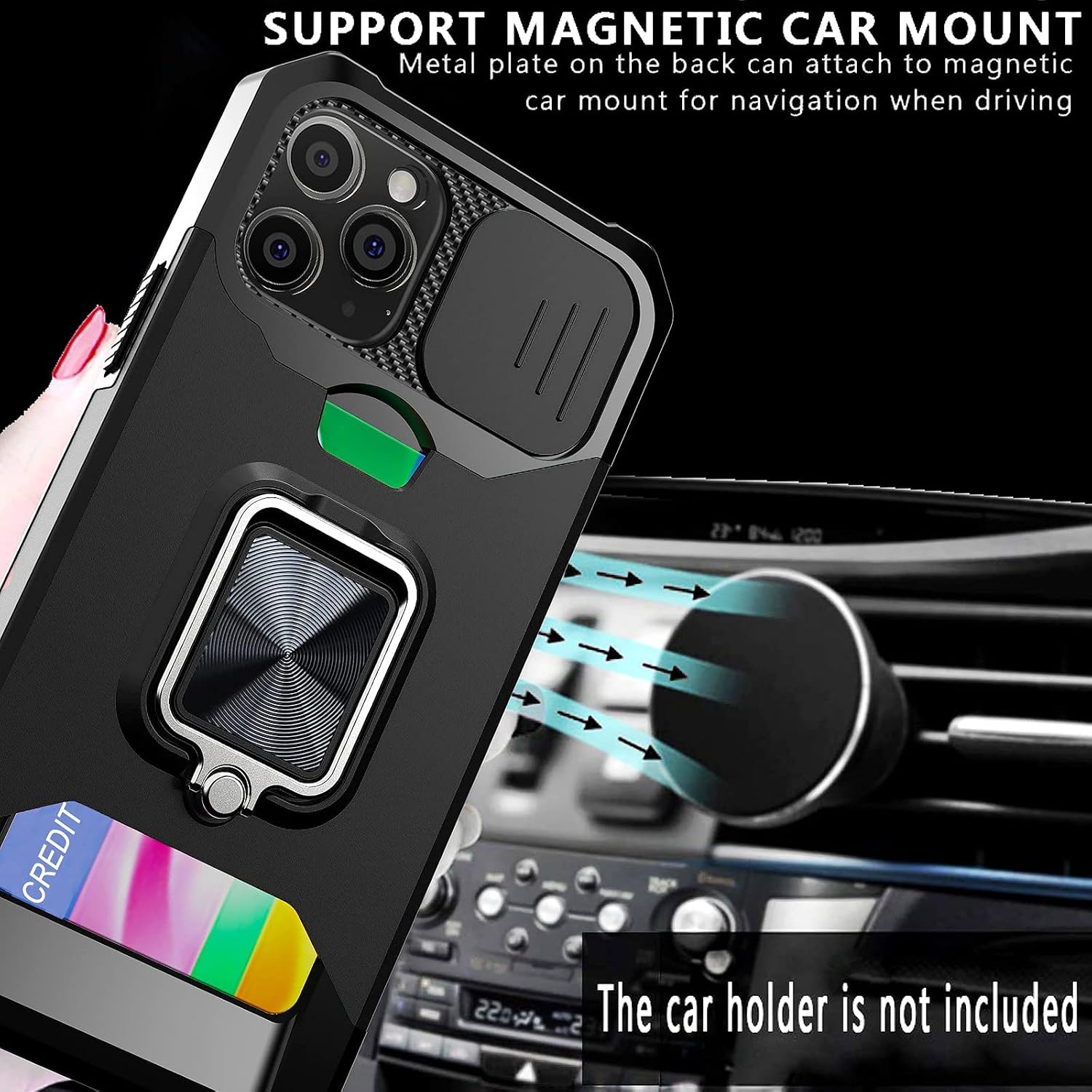 ACCREW for iPhone 14 Pro Case with Slide Camera Lens Cover, Heavy Duty Armor Kickstand Case with Rotate Ring Stand & Card Holder Slot, Support Magnetic Car Mount Shockproof Case for iPhone 14 Pro 6.1"