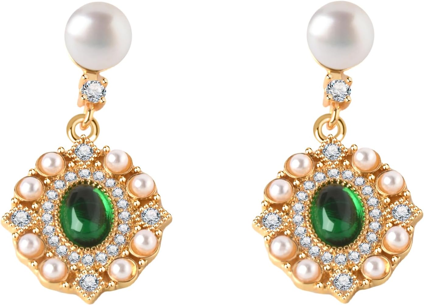 Vintage Style Drop Earrings, Gold-Tone, Green Crystal and natural Pearl Design, Ornate Dangle，Mother's Day/Christmas/Valentine's Day/Birthday Gifts