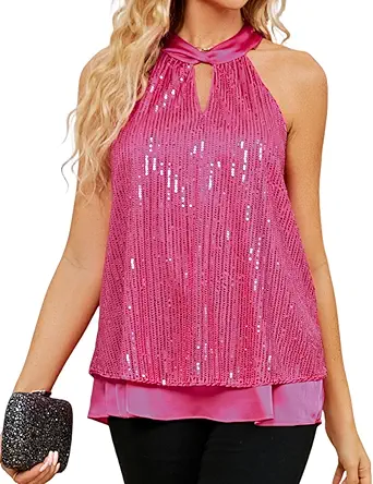 JASAMBAC Sequin Sparkle Halter Tops for Women Sleeveless Keyhole Knot Vest Shirt Glitter Club Party Halloween Tank