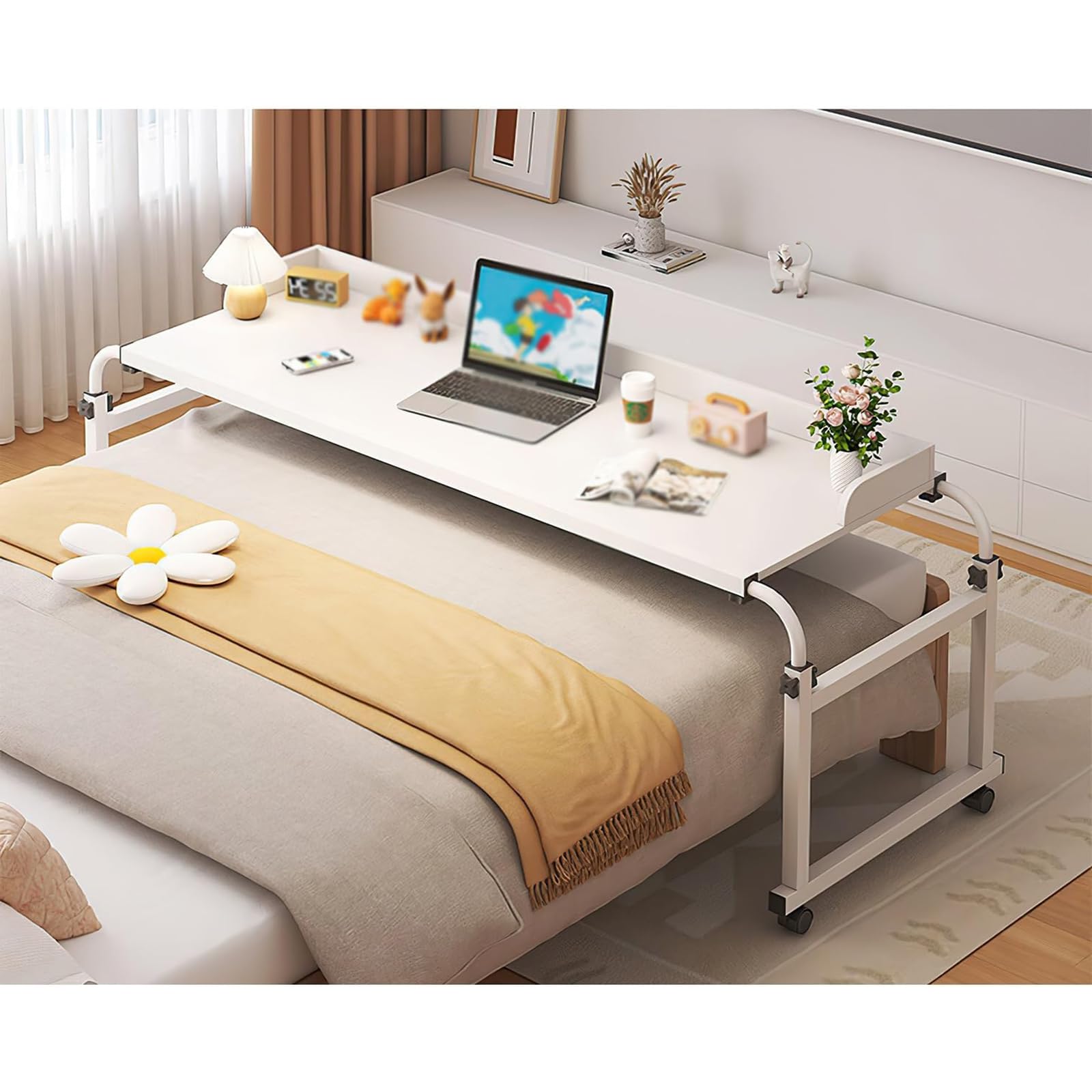 Stolik nocny Stół przyłóżkowy Stół przyłóżkowy Stolik komputerowy Stolik na laptopa Biurko z kółkami, regulowana wysokość 65-95 cm Stacja robocza komputerowa Stół przyłóżkowy Stół