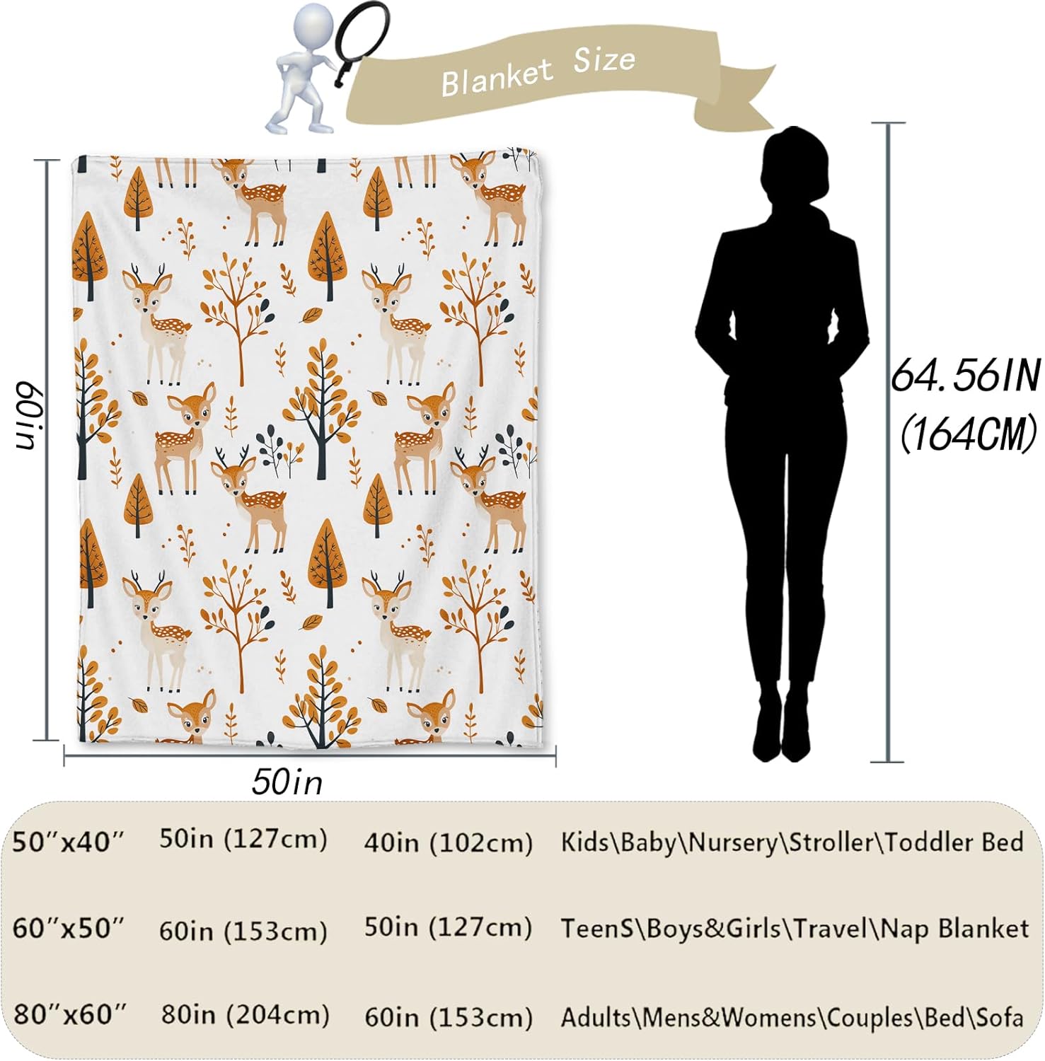 Cute Deer Blanket - Soft Cozy Lightweight Animal Flannel Throw Blanket for Adults Kids Women, Warm Fuzzy Blankets for Couch, Bed, Travel, Outdoor Use, Home Decor 60×50 in - Image 3