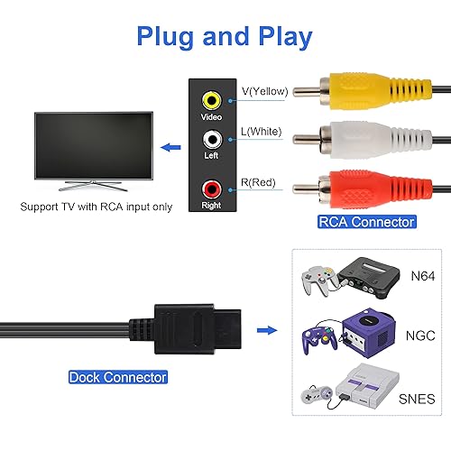 Miniatura 3 de Cable AV N64, cable de audio y video compatible con juegos de TV Nintendo 64N64GamecubeNGCSNES, compuesto de 1.8 M6 pies, 3 RCA chapado en oro
