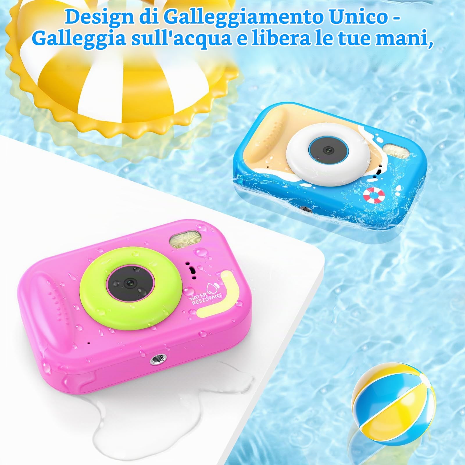CHAKEYAKE Macchina Fotografica Bambini, 1080P IP67 Fotocamera Impermeabile Bambini con Zoom 10X, Schermo 2.4'', Scheda 32GB Inclusa, Giocattolo per Piscina e Spiaggia, Regalo per 3–12 Anni, Blu