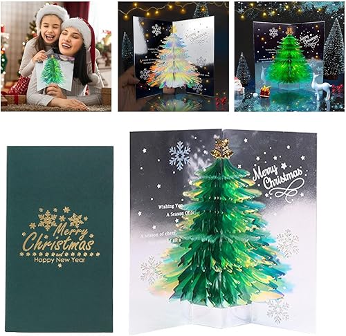Tarjeta desplegable 3D única de árbol de Navidad, tarjeta de felicitación con purpurina para árbol de Navidad, tarjeta tridimensional de cristal,