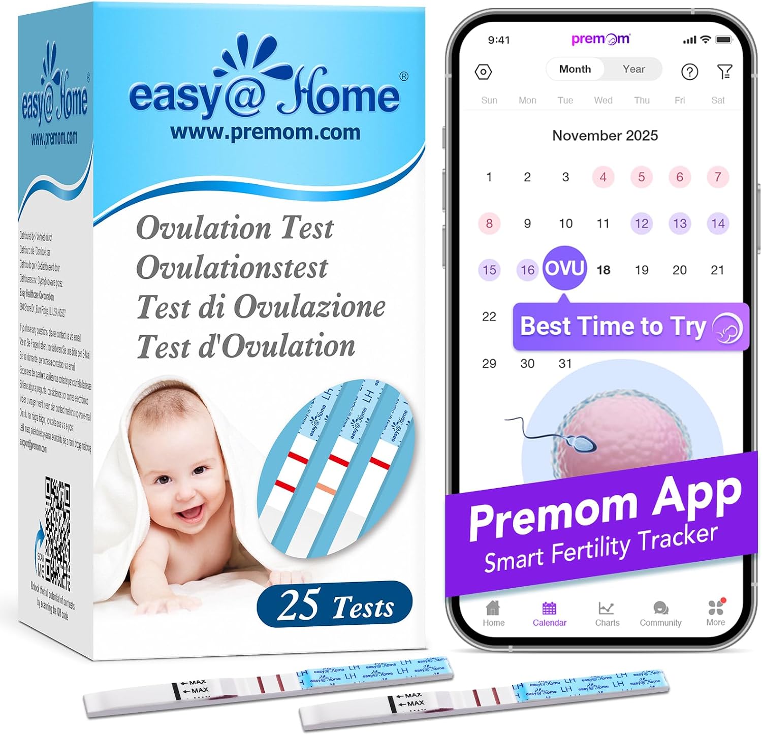25 ultraczułych testów owulacyjnych (25mlU/ml), Easy@Home 25 testów owulacyjnych - dokładne wyniki dzięki bezpłatnej aplikacji Premom (iOS i Android) Hiszpański
