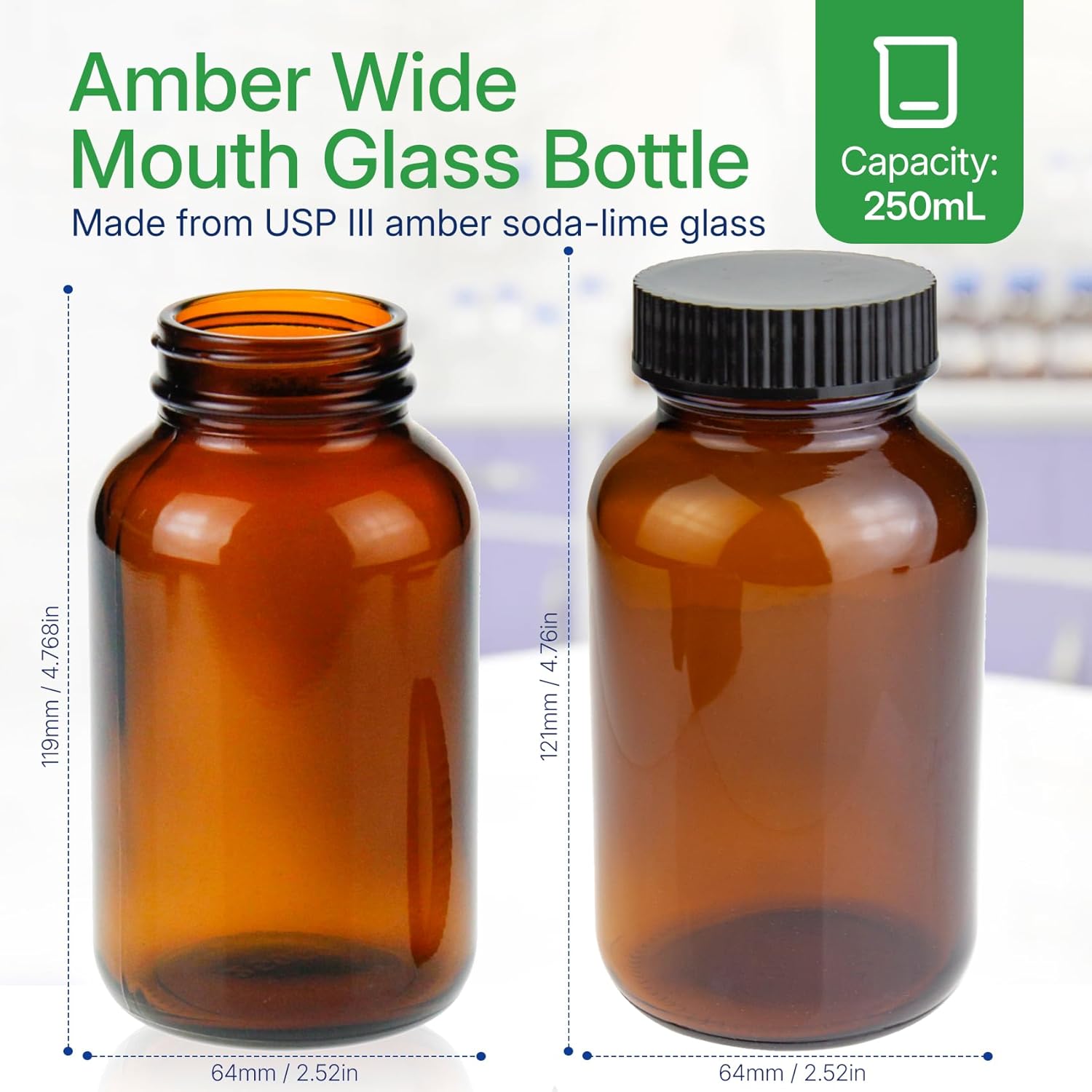 250 ml(8.3 OZ) Amber Glass Wide Mouth Packer Bottle with Black Ribbed Cap, Pack of 24 bottles