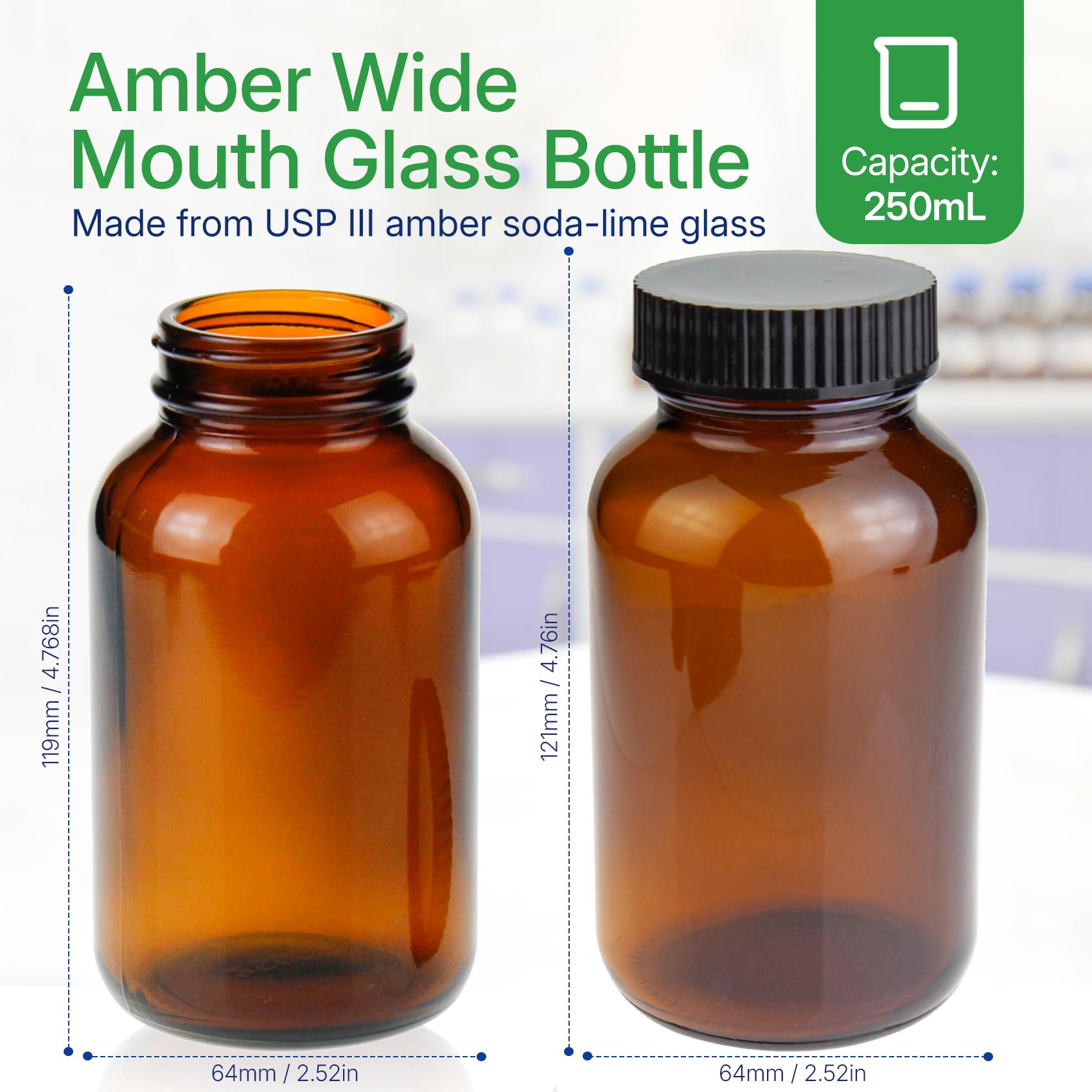 SERHICS 250 ml(8.3 OZ) Amber Glass Wide Mouth Packer Bottle with Black Ribbed Cap, Pack of 24 bottles