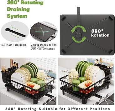 GHERISN Dish Drainer Rack with Drip Tray, Large Dish Drying Rack for Kitchen Counter, Draining Board Rack with Cutlery Holder, Space Saving Sink Drainer Rack for Plates, Bowls and Cups, Black