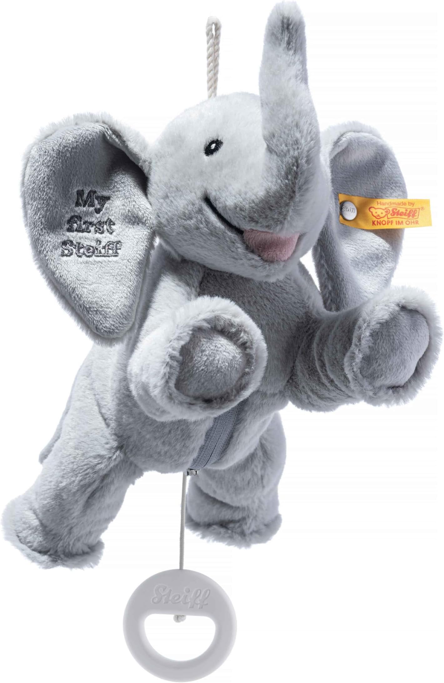Ellie Elephant Musical Pull Toy 10 inch Light Grey, Peaceful Lullaby, Plush Elefant, Cuddly Soft Plush, Machine Washable