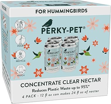 Perky-Pet Clear Hummingbird Nectar Liquid Concentrate in Recyclable Aluminum Can - 4 Cans, 12 oz Each - Makes 96 Total Ounces - Perky Pet 532 - Humming Bird Dye-Free Nectar Concentrate