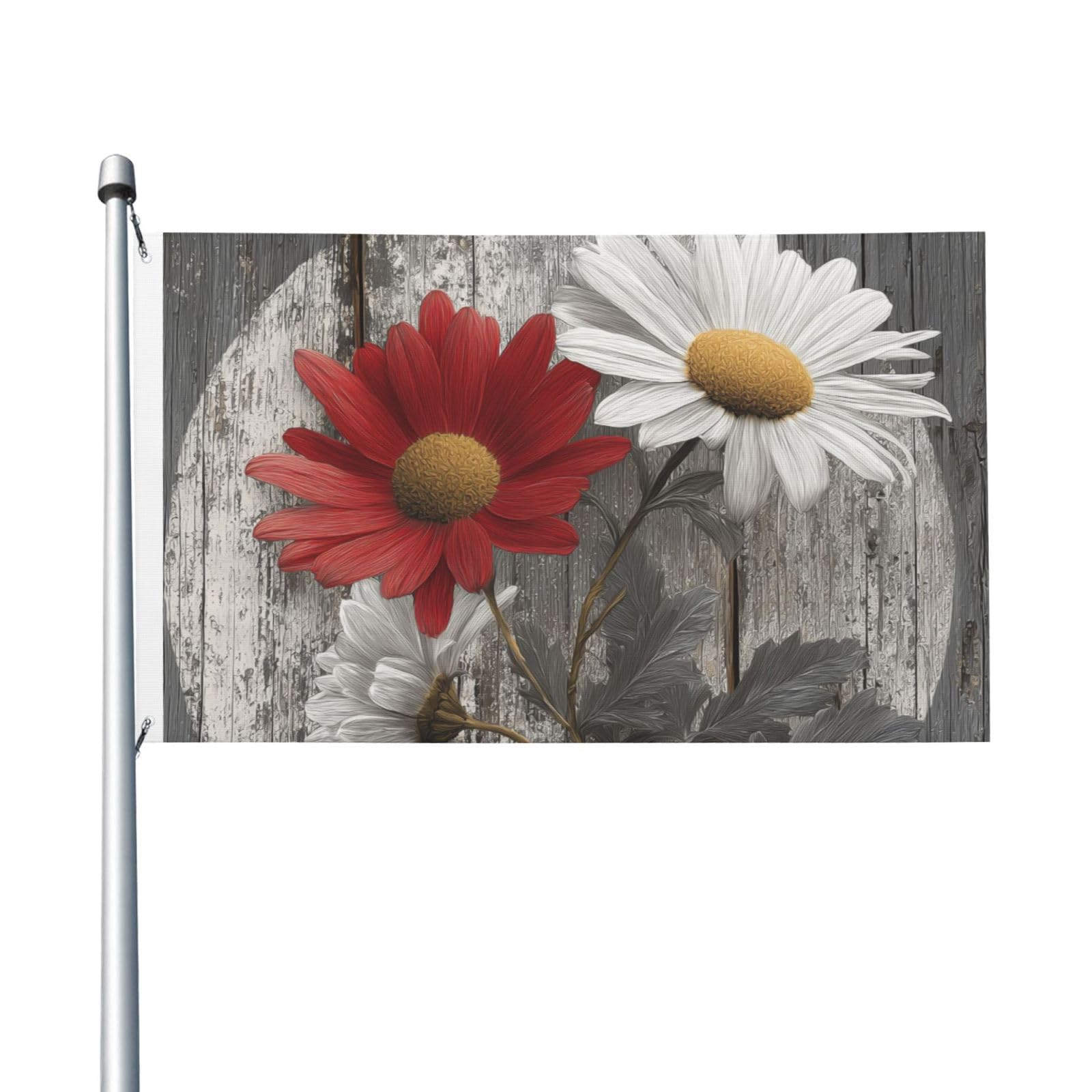Mexpekil Rustic Wooden Daisy Flower Flags 5ft X 3ft with Eyelets Double Sided Festival Flag Outdoor Decorative Banner for World Cup Football, Street, Party, Holiday, Home