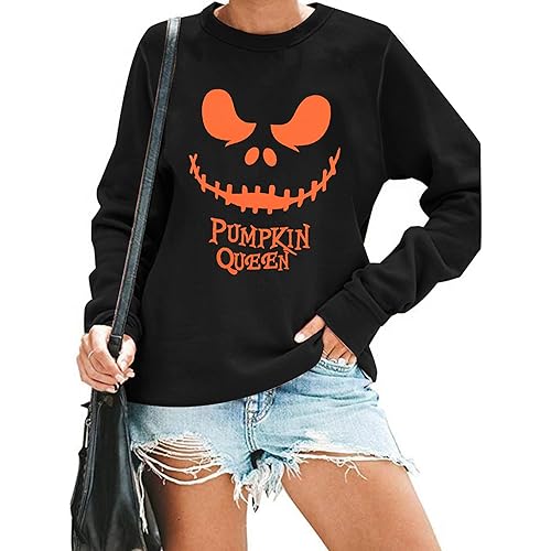 Women's Halloween Pumpkin Face Long Sleeve Sweatshirts Lightweight Casual Pullover Tops