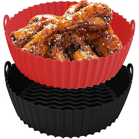 8.5Inch Air Fryer Silicone Liners,HUAPX 2Pack Reusable Air Fryer Basket Round Replacement of Parchment Paper Liners & Air Fryer Pot,Food Safe Non Stick Oven Accessories Fits 5QT or Bigger (Black+Red)