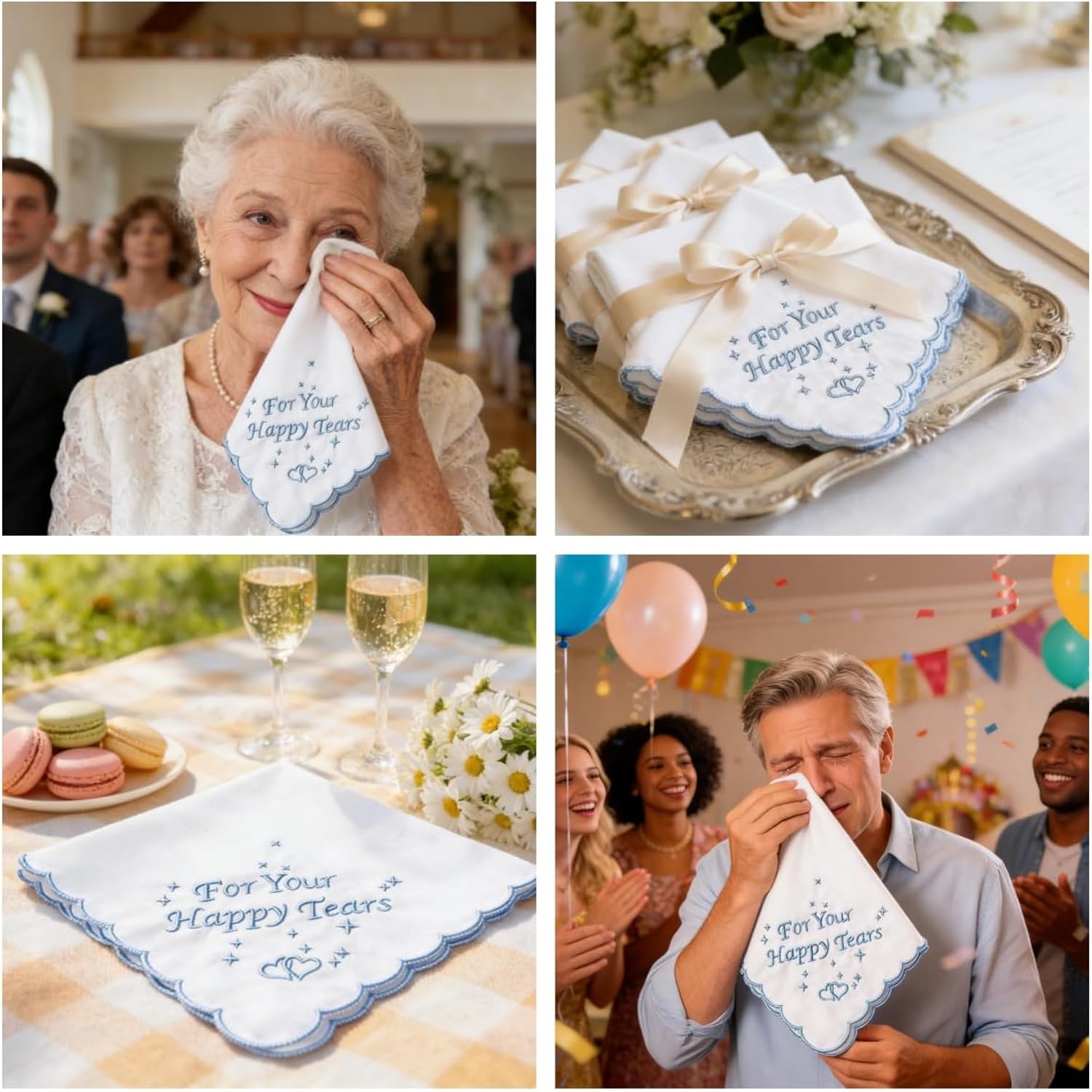 Embroidered “Tears of Joy” handkerchief, perfect for weddings; a “something blue” gift for the bride;