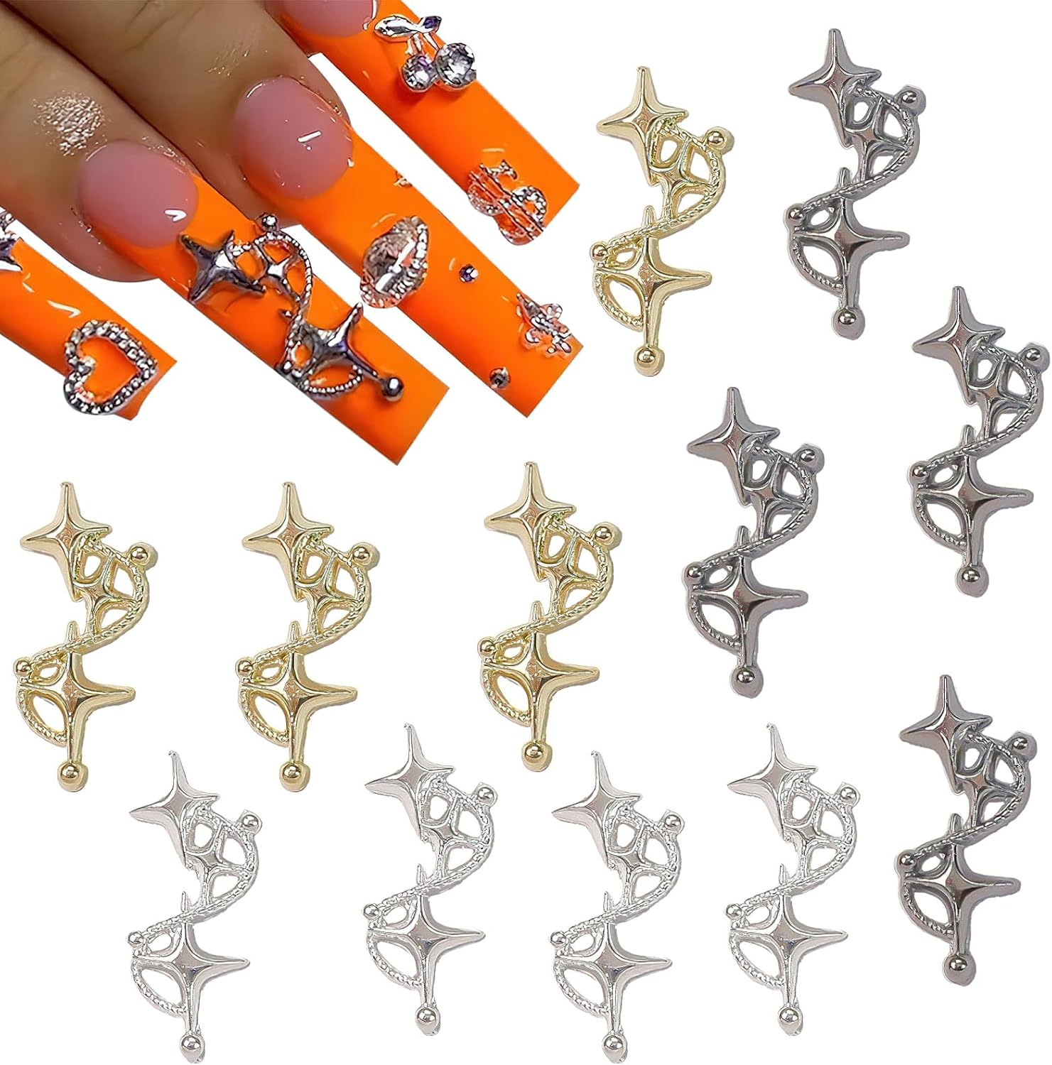 12pcs Triple Star Nail Charms Alloy Star Nail Gems 3D Metallic Starlight Nail Rhinestones Y2K Gold Silver Star Nail Diamond Gun-Black Triple Star Nail Jewels for Women Girls Manicure Nail Art Supplies