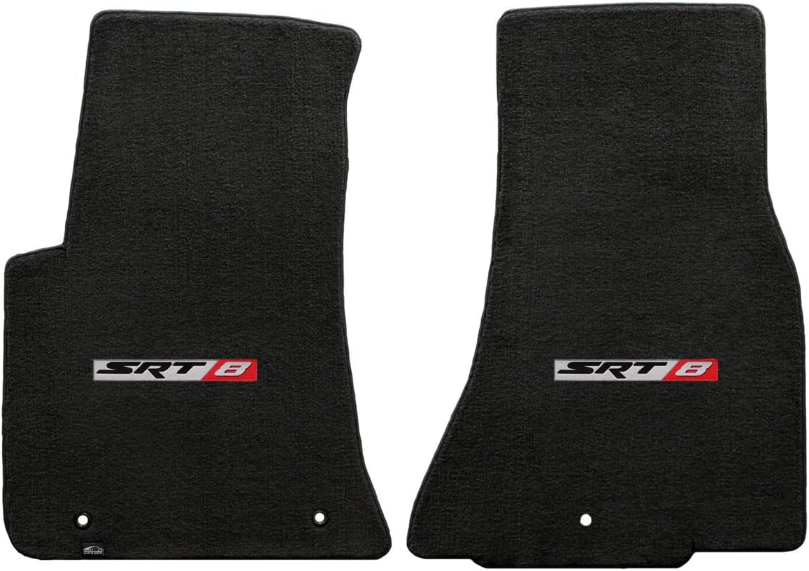 Fits 2011-2014 Dodge Challenger 2pc Ebony Black Front Floor Mats with SRT-8 Logo in Red & Silver
