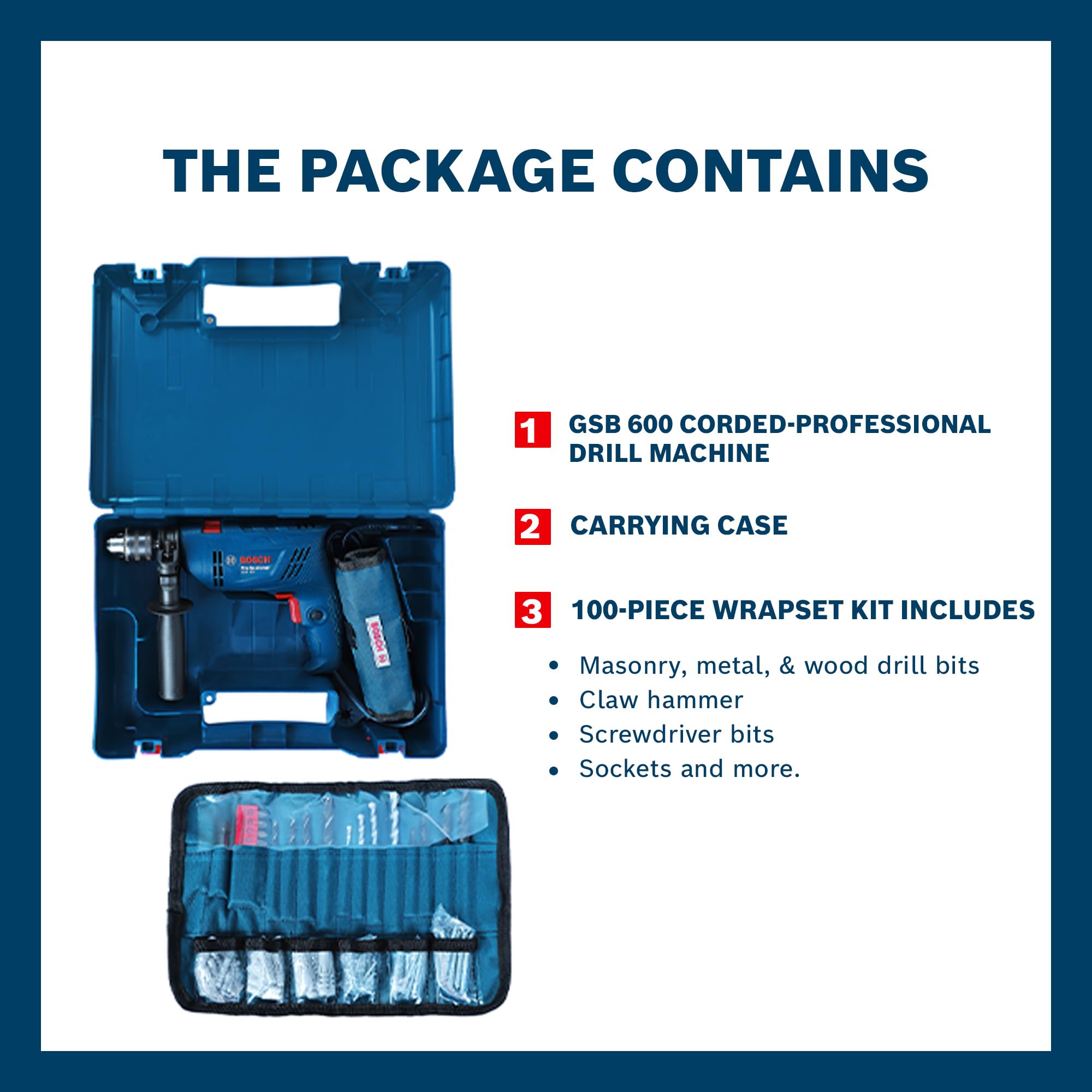 BOSCH GSB 600 Corded Electric Impact Drill Wrap Set| 600W Motor | Speed upto 3000 RPM | Rated Torque of 1.4 Nm | Impact rate of 48000 BPM | Forward/Reverse Rotation, Double Insulation | 1 Yr Warranty - Image 2 thumbnail