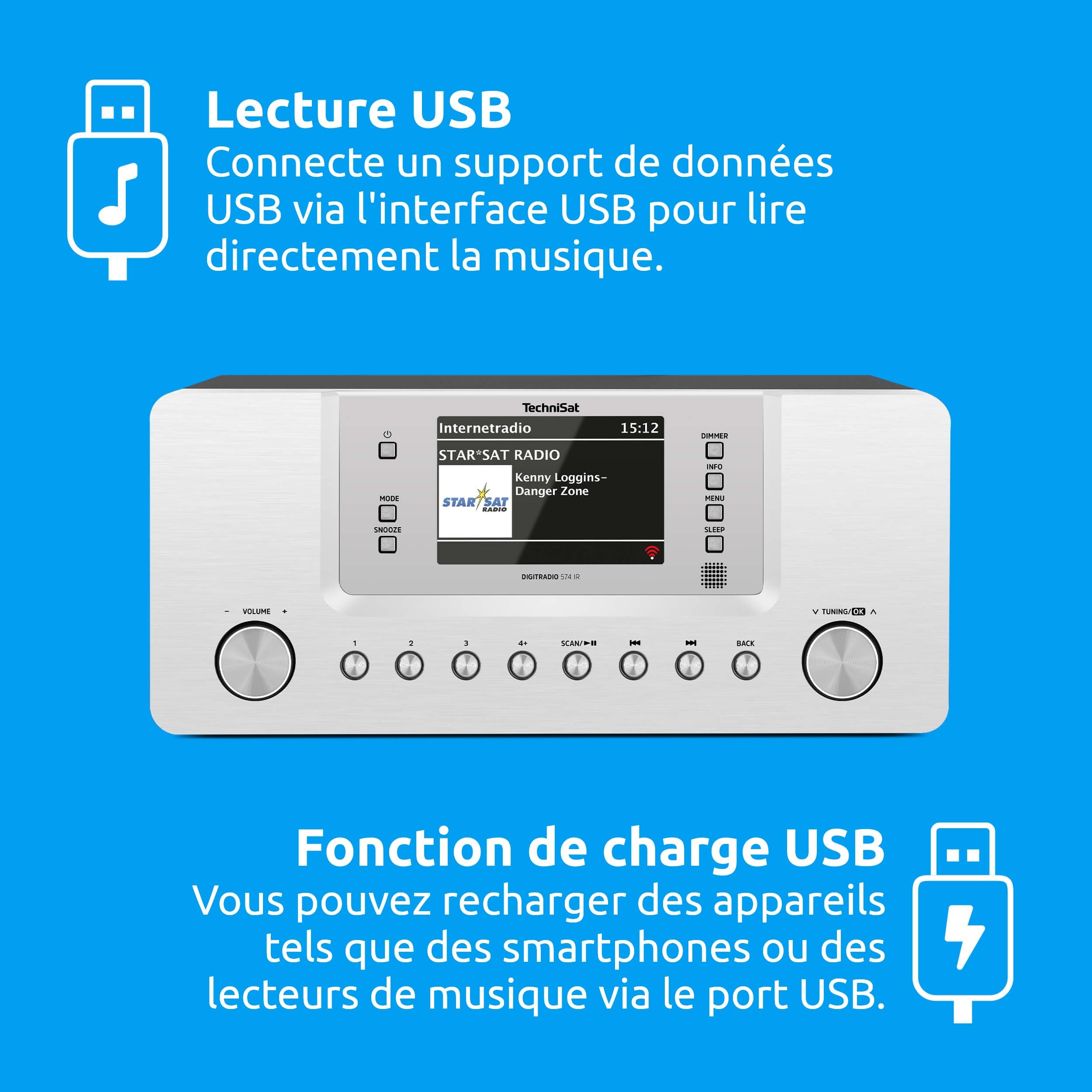 TechniSat DIGITRADIO 574 IR - Radio Internet stéréo (Dab+, FM, Wi-FI, Streaming Audio Bluetooth, écran Couleur 4 Pouces, USB, AUX in, Prise Casque, réveil, 10 W, Application/télécommande) Argent