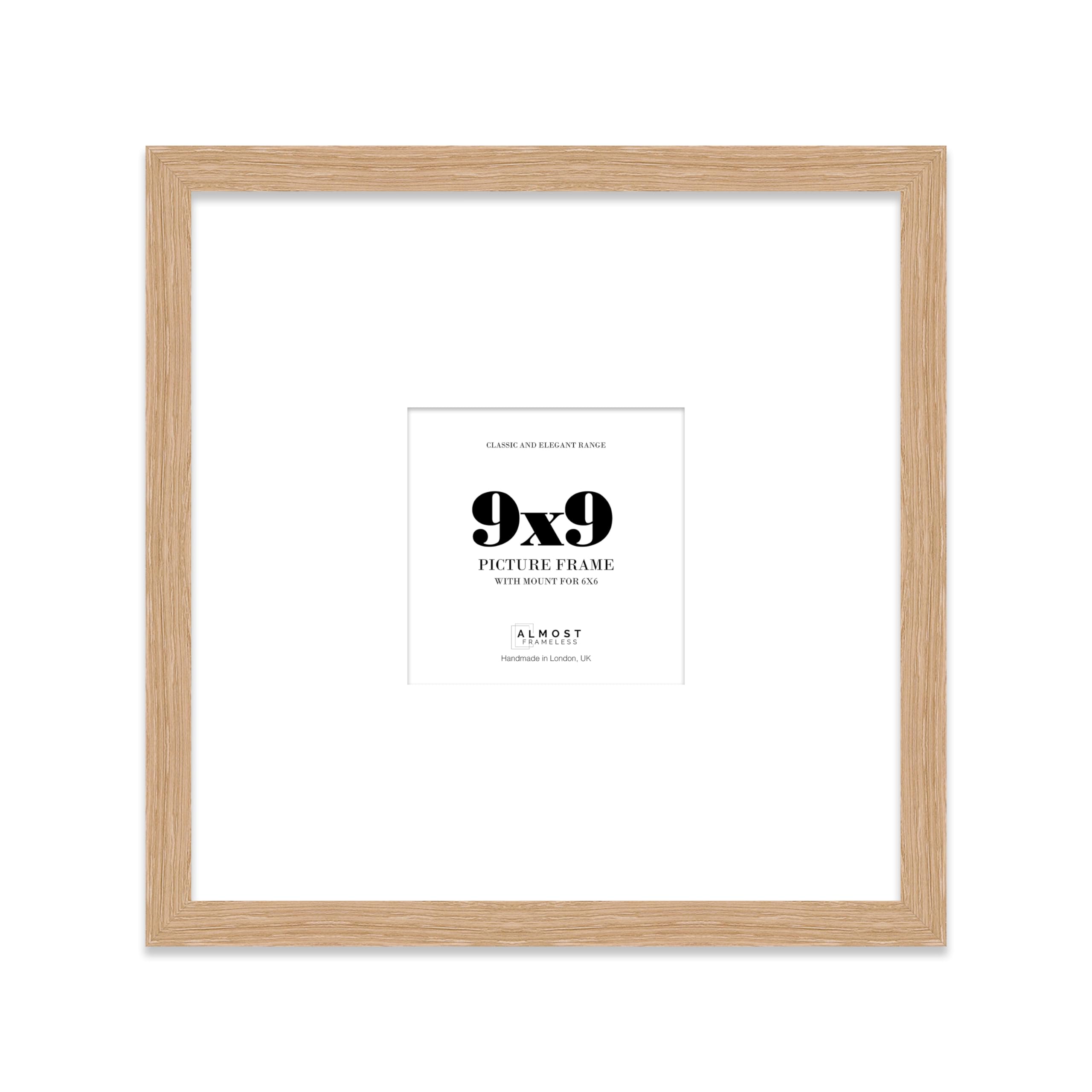 Almost Frameless 9x9 Square Picture Frame, Display Pictures 6x6 With Mat or 9x9 Without Mat, Wall Hanging & Free Standing Photo Frame, Oak, 1 Pack