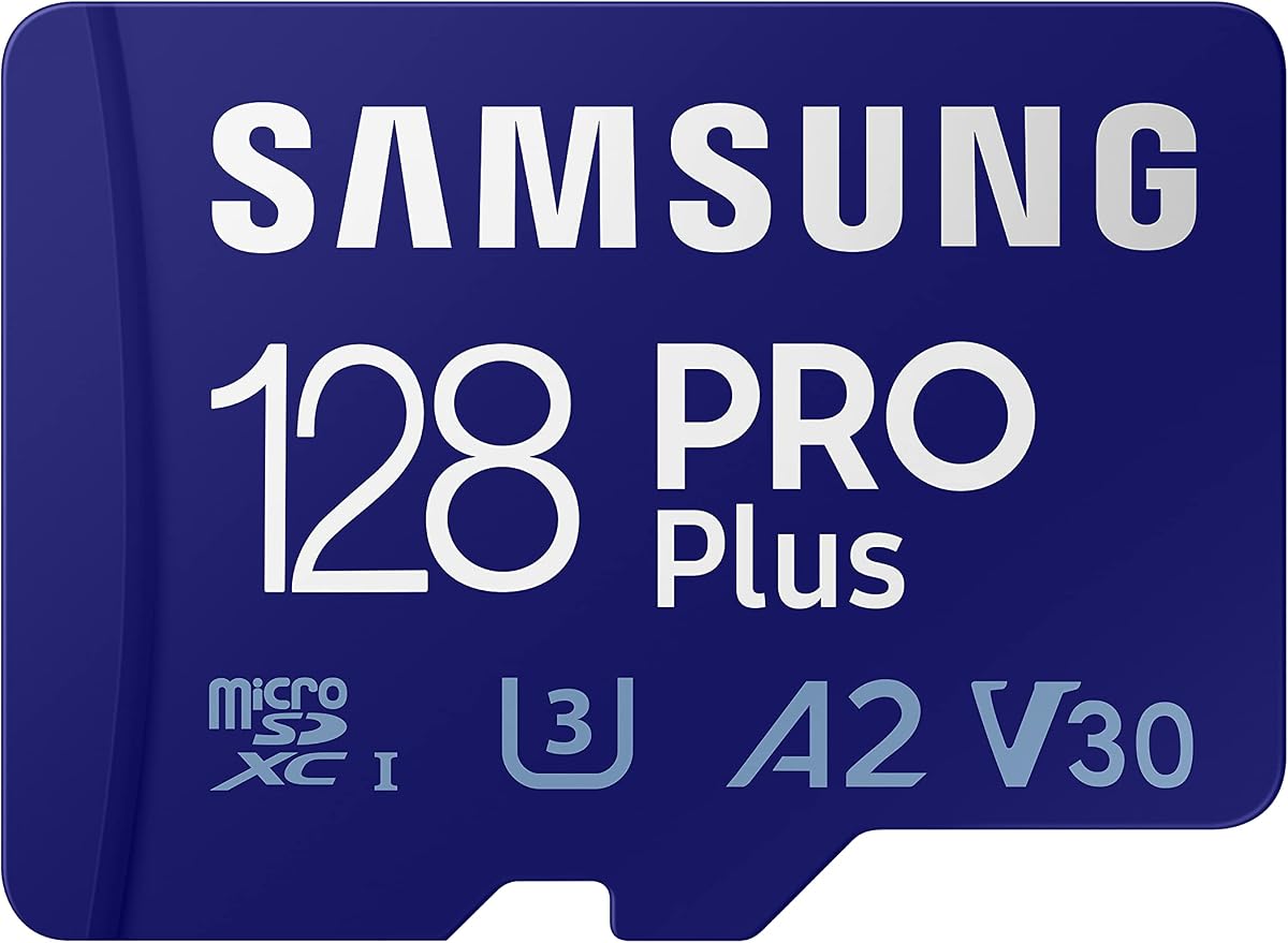 Samsung PRO Plus + Adaptador 128 GB microSDXC Hasta 160 MB/s UHS-I, U3, A2, V30, Full HD y 4K UHD Tarjeta de memoria para teléfonos inteligentes Android, tabletas, Go Pro y DJI Drone (MB-MD128KA/AM)