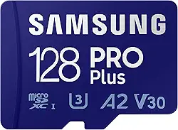 SAMSUNG PRO Plus + adaptador 128 GB microSDXC até 160 MB/s UHS-I, U3, A2, V30, cartão de memória Full HD e 4K UHD para smartphones Android, tablets, Go Pro e drone DJI (MB-MD128KA/AM)