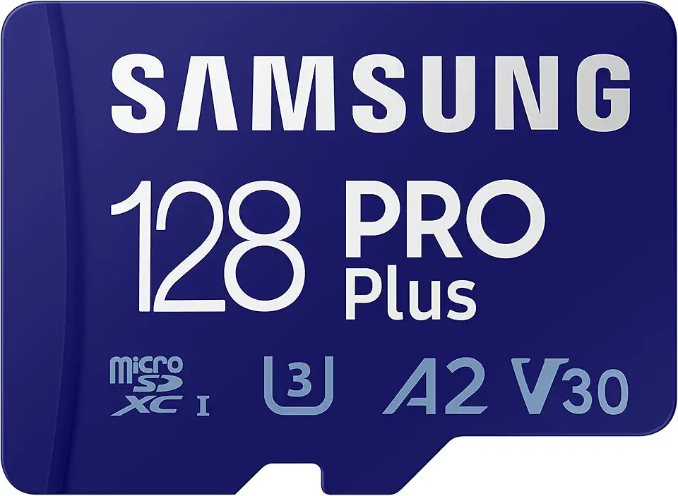 SAMSUNG PRO Plus + adaptador 128 GB microSDXC até 160 MB/s UHS-I, U3, A2, V30, cartão de memória Full HD e 4K UHD para smartphones Android, tablets, Go Pro e drone DJI (MB-MD128KA/AM)
