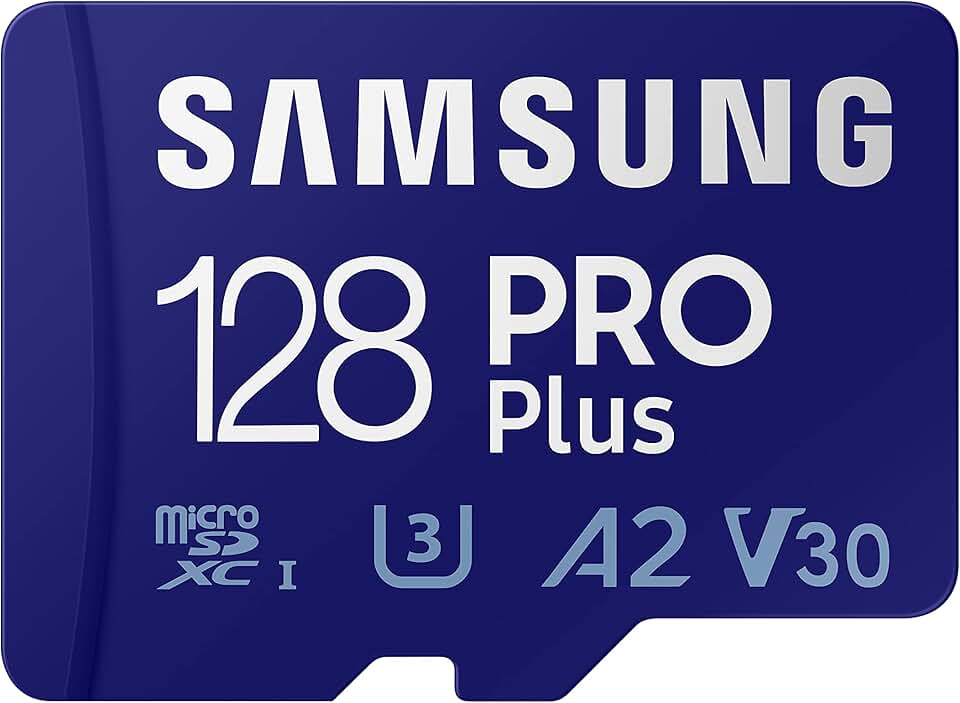 SAMSUNG PRO Plus + adaptador 128 GB microSDXC até 160 MB/s UHS-I, U3, A2, V30, cartão de memória Full HD e 4K UHD para smartphones Android, tablets, Go Pro e drone DJI (MB-MD128KA/AM)