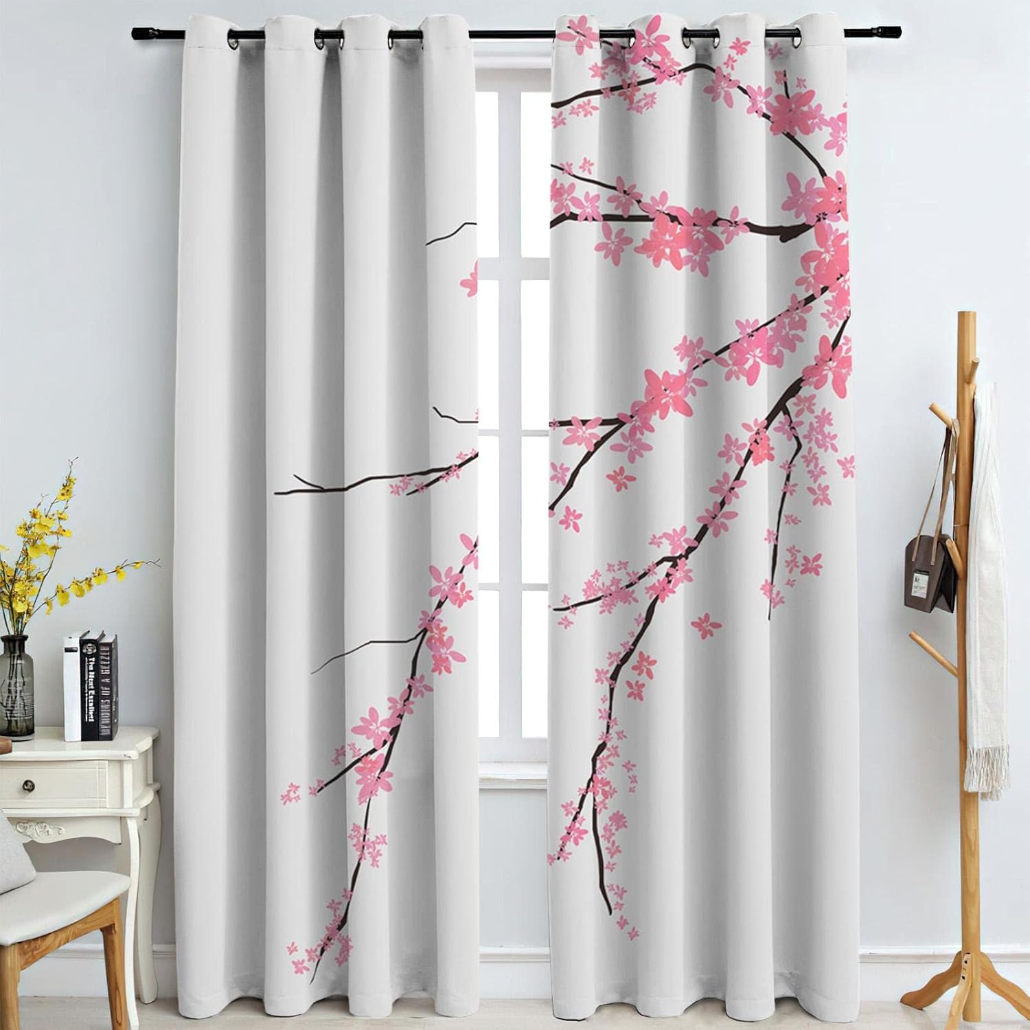 Japanese Pink Cherry Blossoms Window Curtains, Modern Home Decor Blackout Curtains, Thermal Insulated Privacy Eyelet Drapes for Living Room Kitchen Bedroom Office 2 Panels (72" W x 72" L)