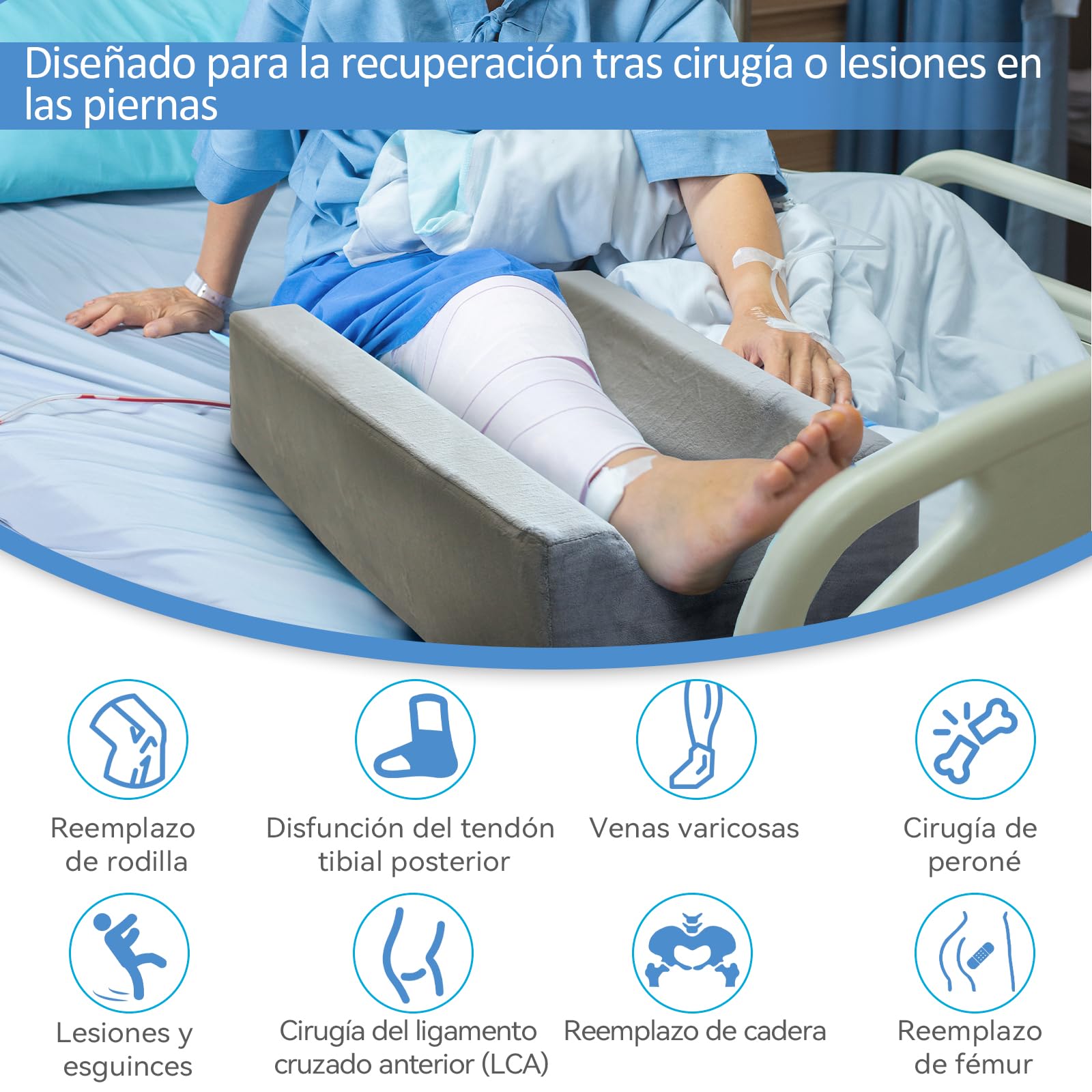 KingPavonini Cojín para piernas con elevación de 4 niveles ajustables en altura, para uso postoperatorio/lesiones/descanso, cojín para piernas de espuma viscoelástica con 3 asas y relleno extraíble