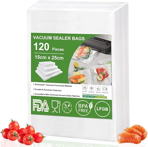 Omtofo 120 Bolsas Vacio Alimentos 15x25 cm, Bolsa gofrada envasado al vacio Sin BPA, para Conservación de Alimentos y Sous Vide Cocina & Boilable Bolsas Envasar al Vacio