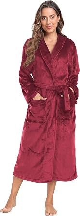 Womens Plush Soft Robe Warm Fleece Shawl Collar Bathrobe Fluffy Long Spa Robes with Pockets